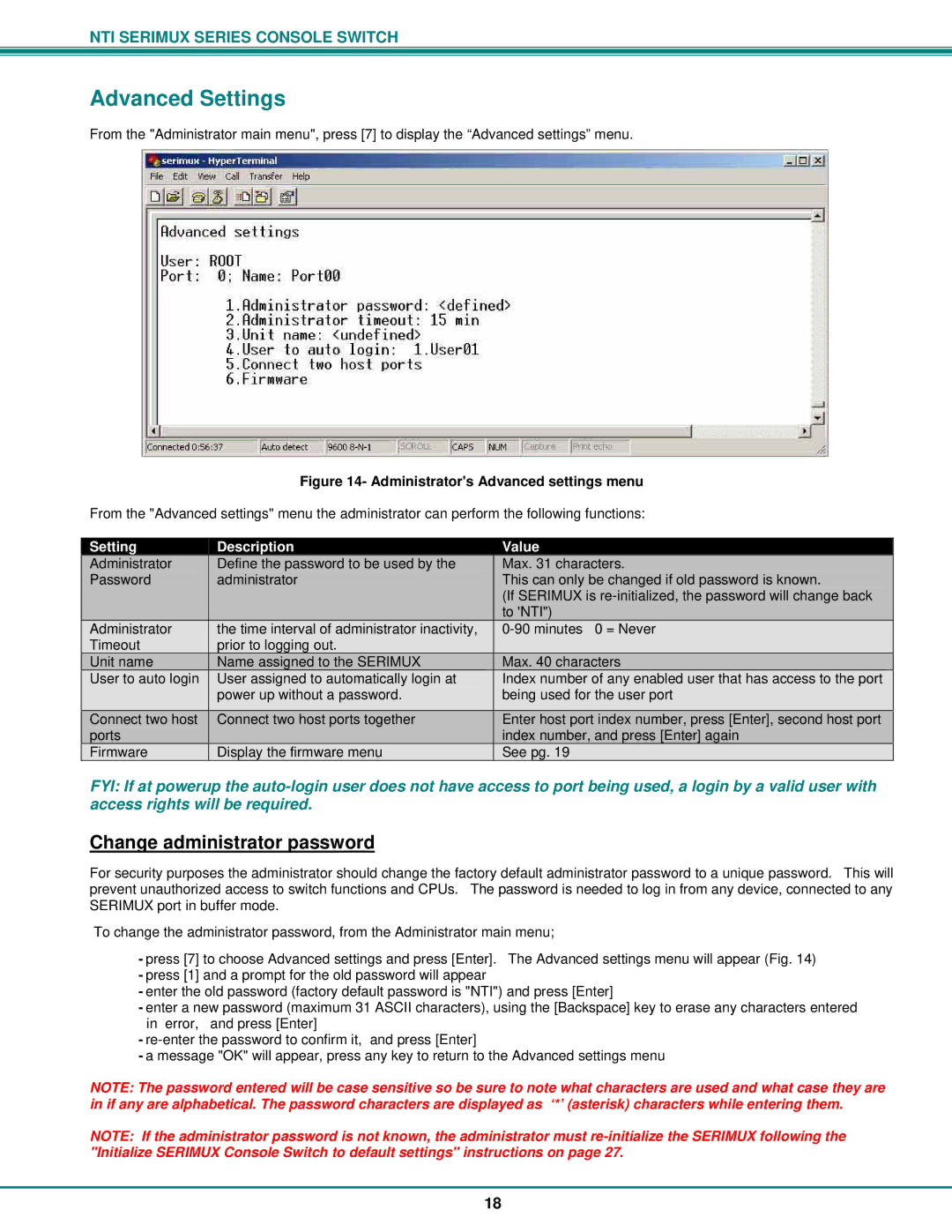 Network Technologies Console Switch operation manual Advanced Settings, Change administrator password 