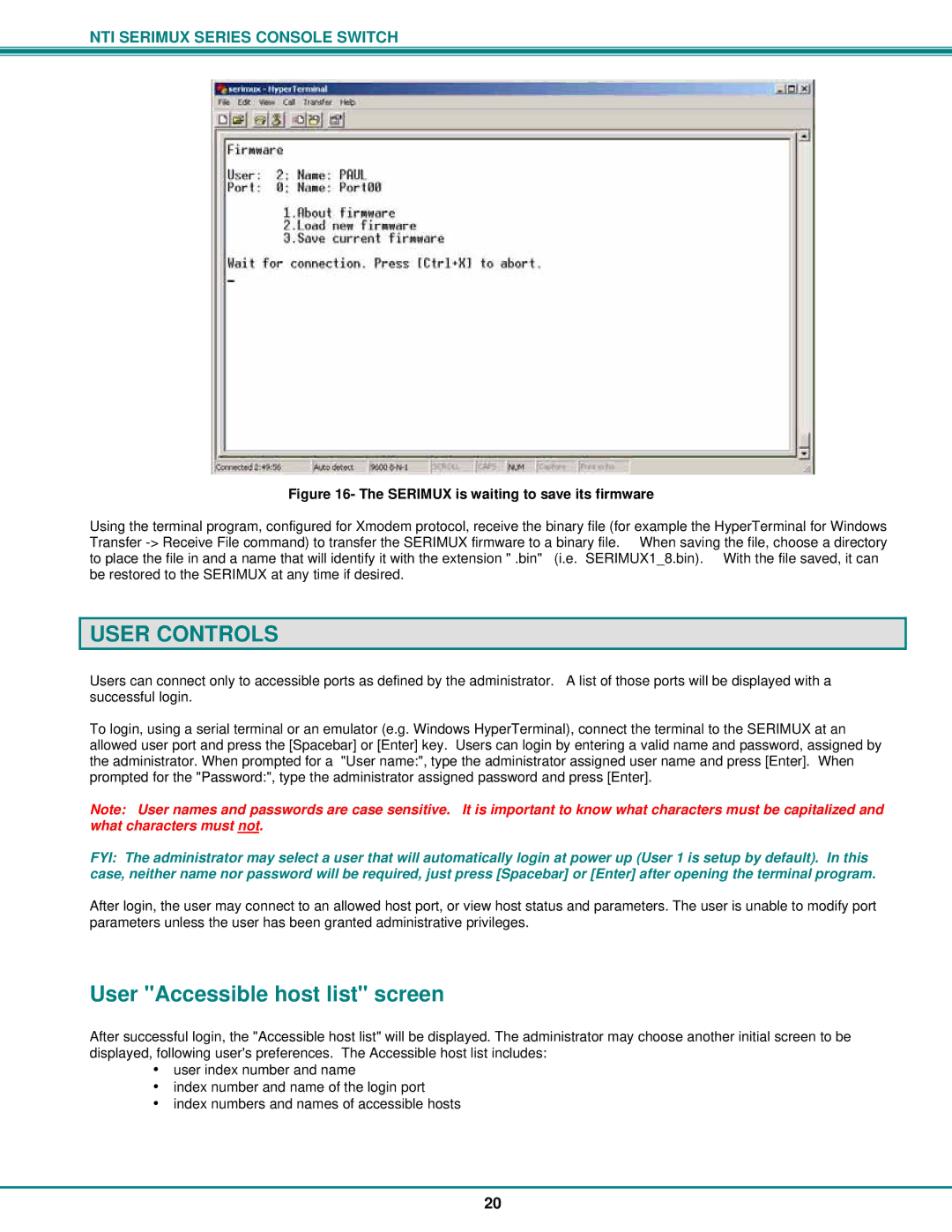 Network Technologies Console Switch operation manual User Controls, User Accessible host list screen 