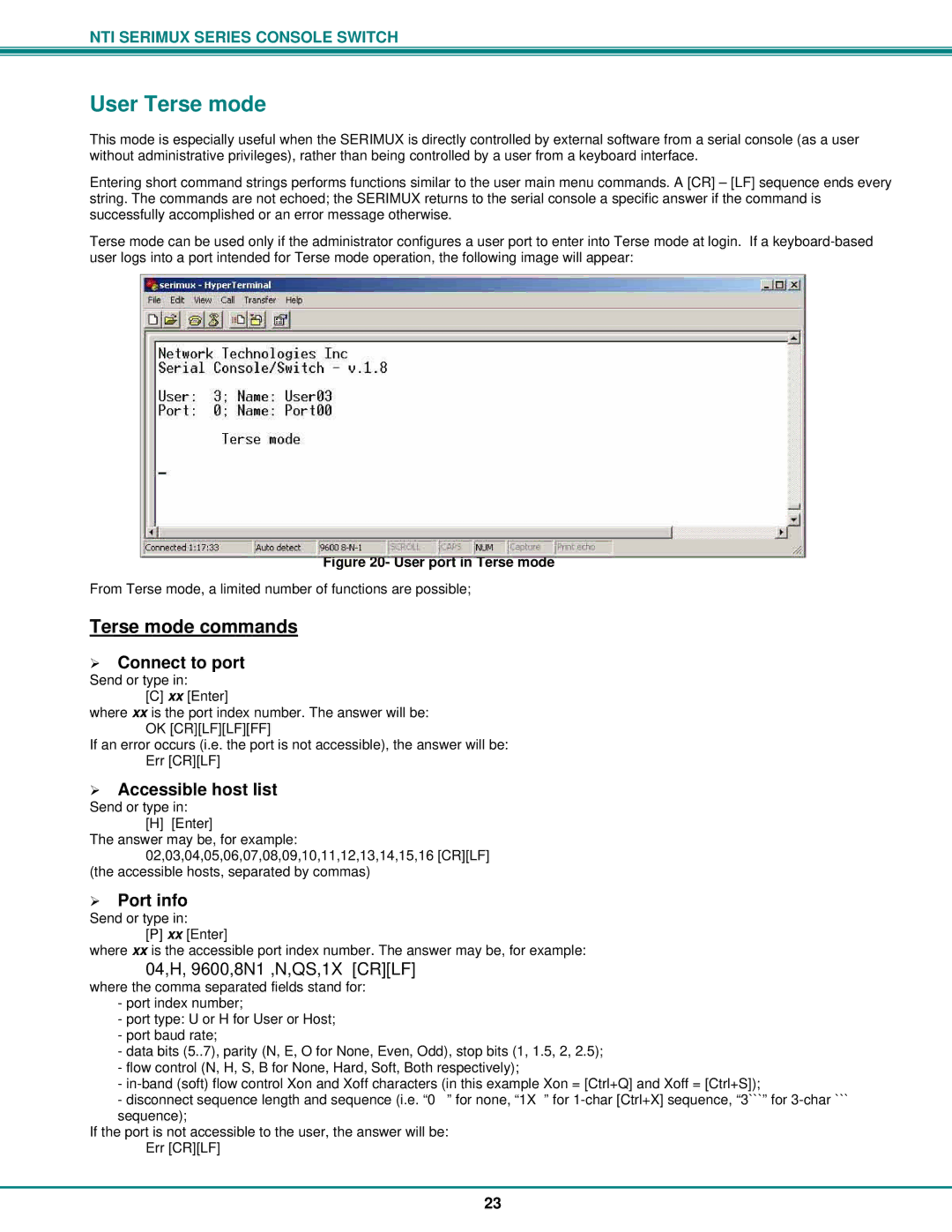 Network Technologies Console Switch User Terse mode, Terse mode commands, ¾ Connect to port, ¾ Accessible host list 