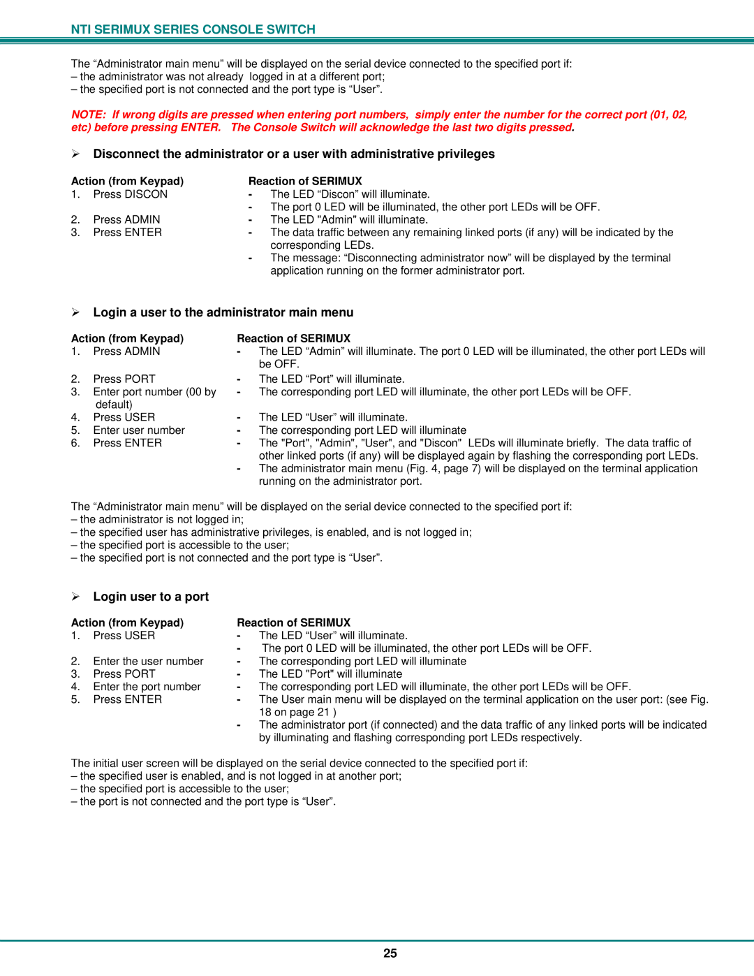 Network Technologies Console Switch operation manual ¾ Login a user to the administrator main menu, ¾ Login user to a port 