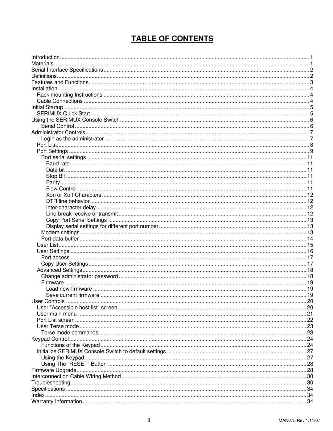 Network Technologies Console Switch operation manual Table of Contents 