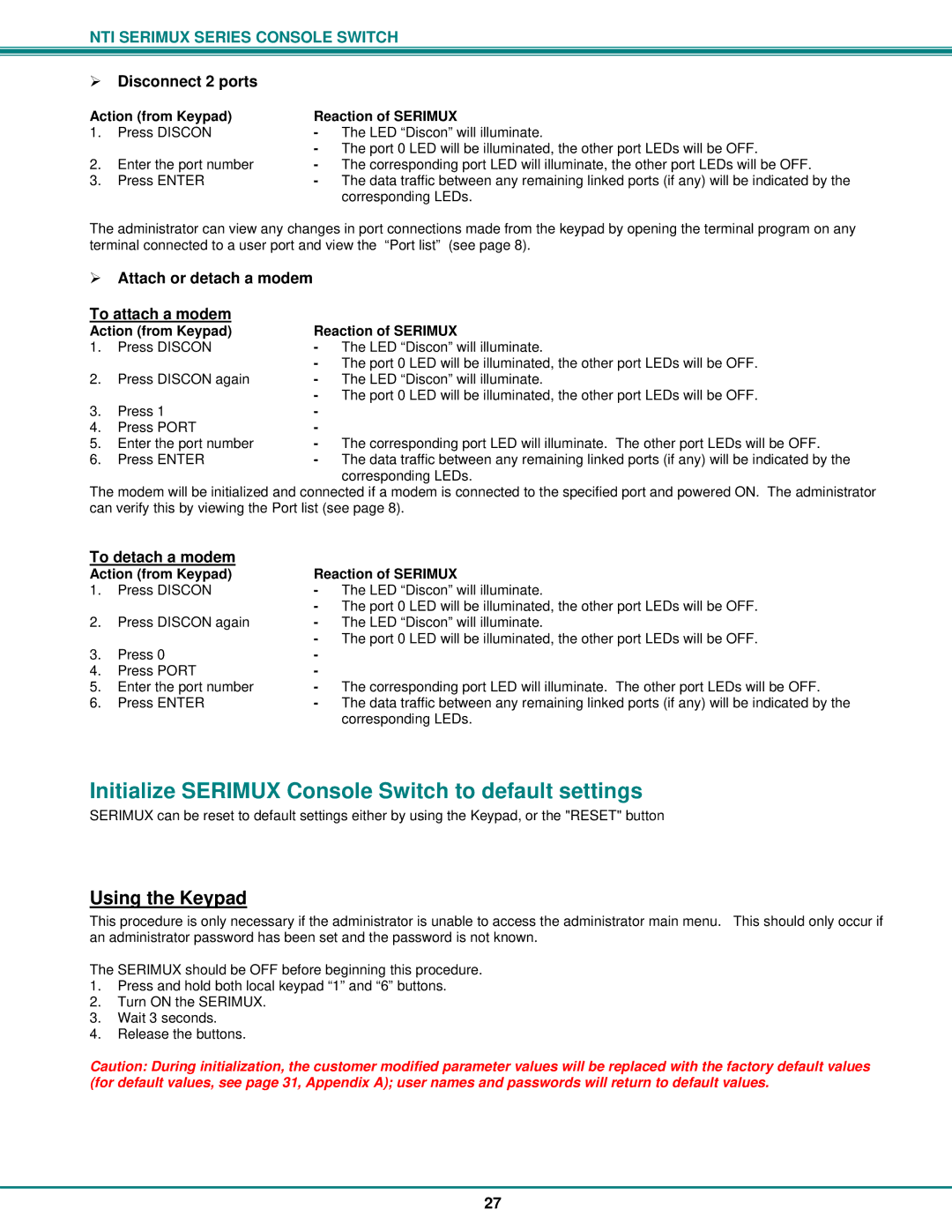 Network Technologies Initialize Serimux Console Switch to default settings, Using the Keypad, To detach a modem 