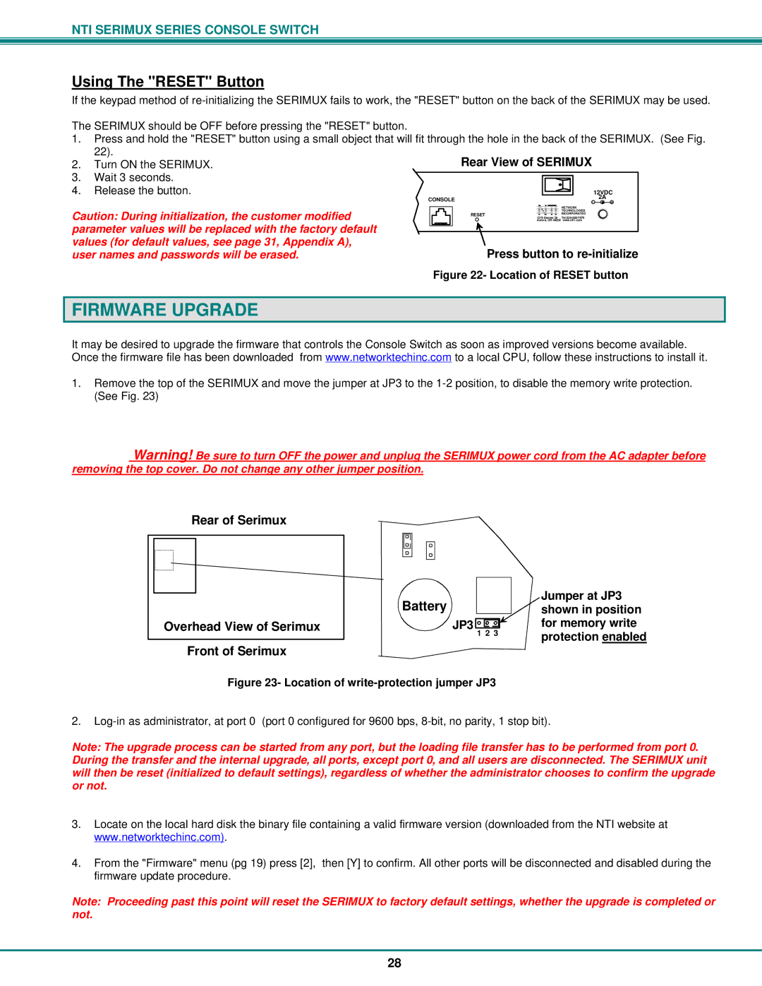 Network Technologies Console Switch operation manual Firmware Upgrade, Using The Reset Button 