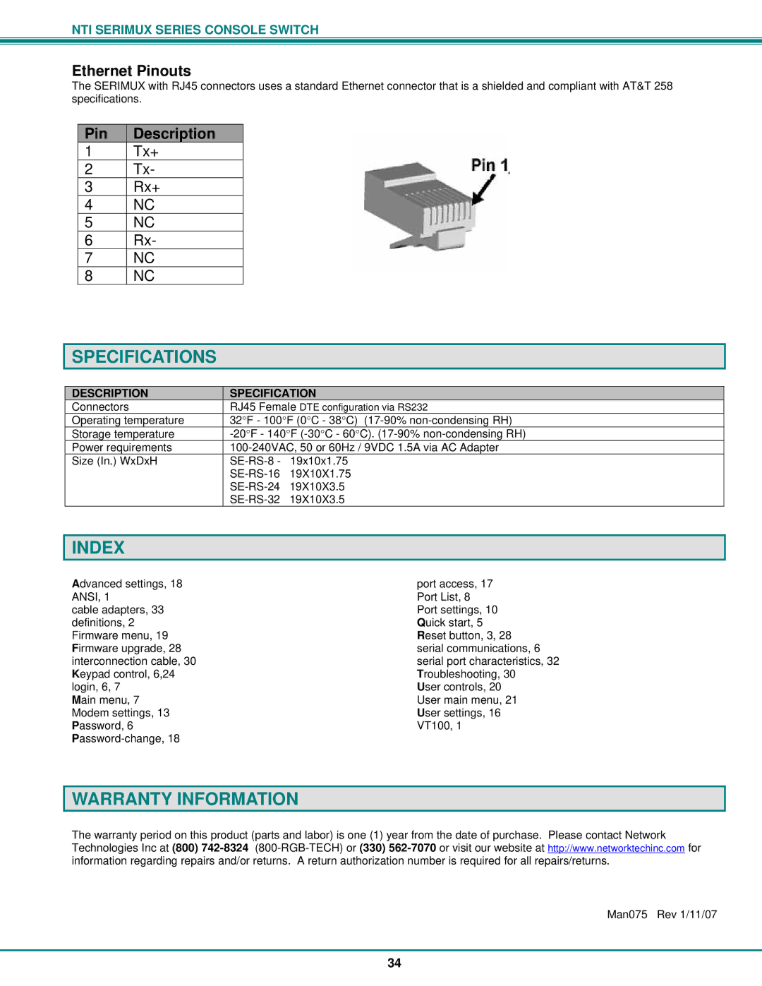 Network Technologies Console Switch Specifications, Index, Warranty Information, Ethernet Pinouts, Pin Description 