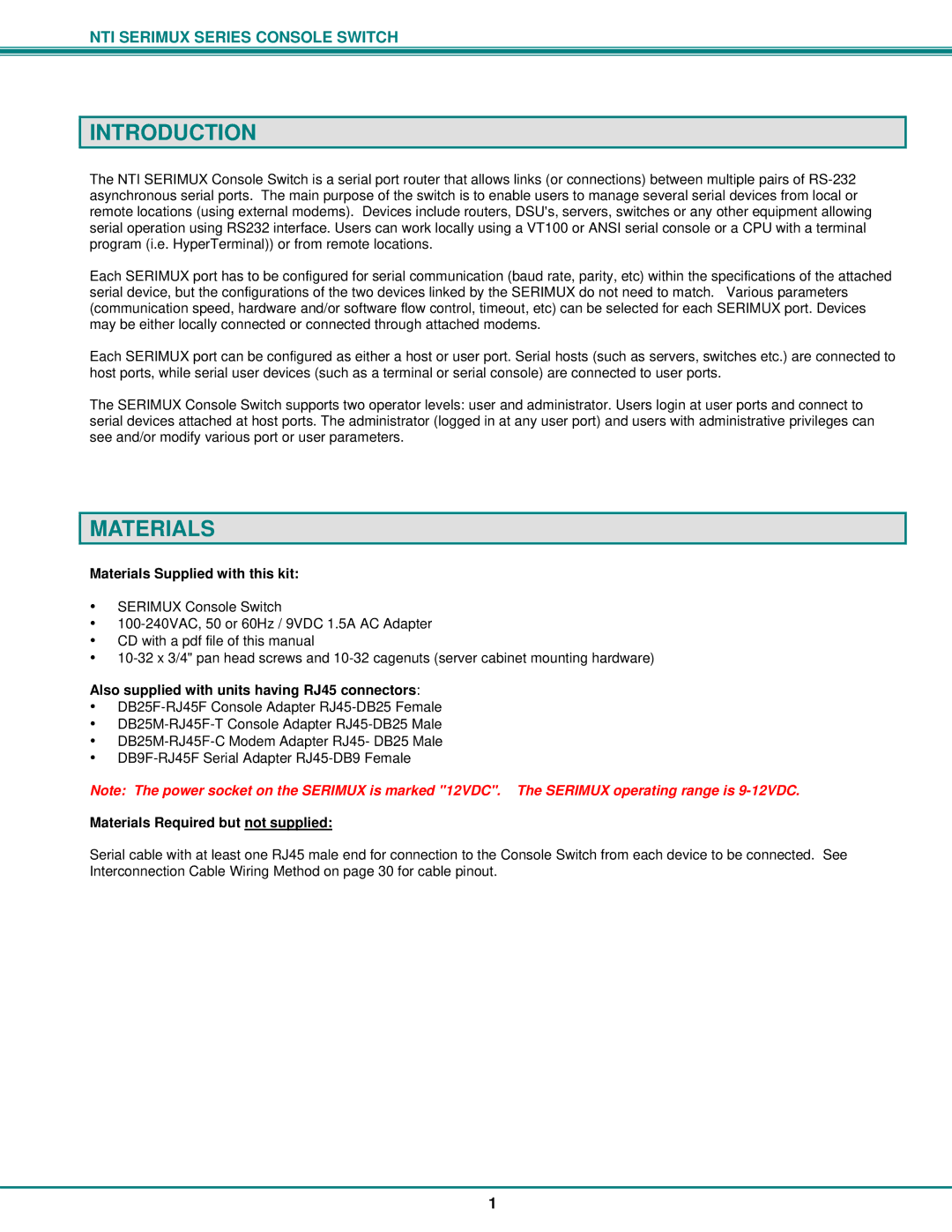 Network Technologies Console Switch operation manual Introduction, Materials Supplied with this kit 