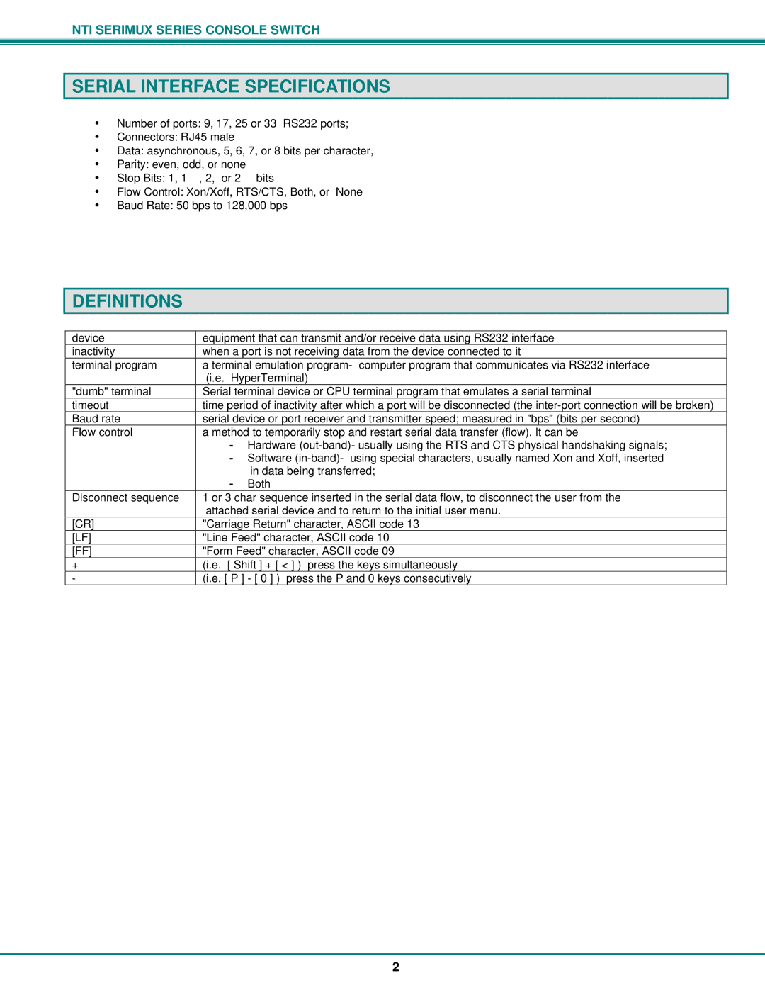 Network Technologies Console Switch operation manual Serial Interface Specifications, Definitions 