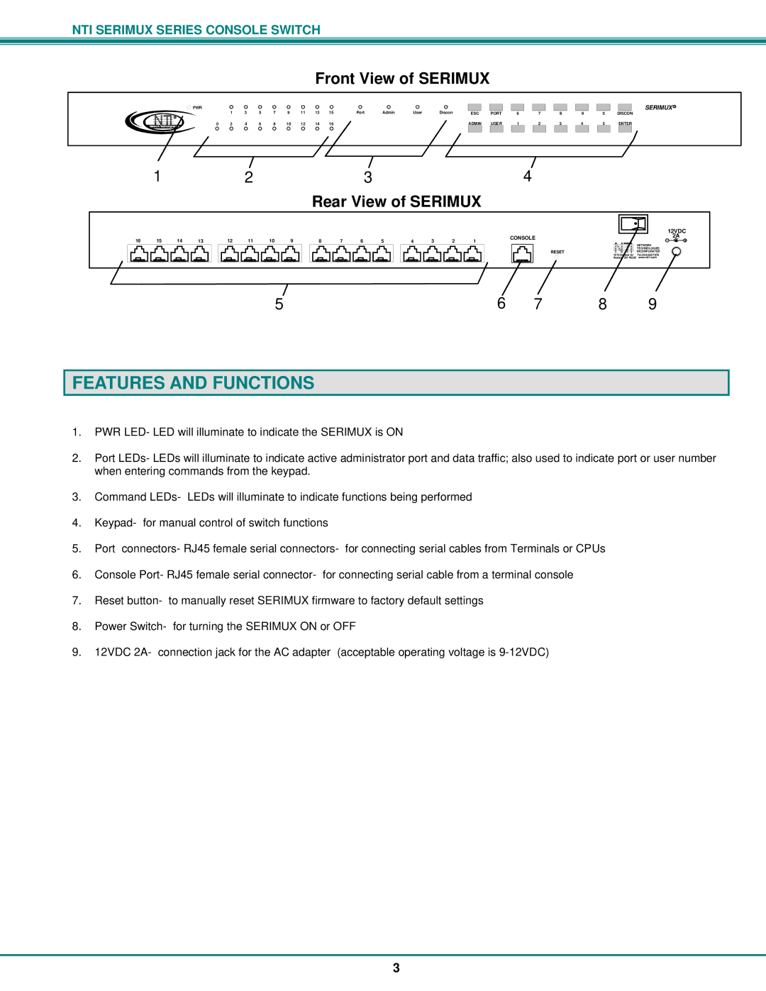 Network Technologies Console Switch operation manual Features and Functions, Rear View of Serimux 