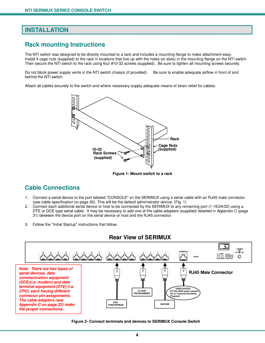 Network Technologies Console Switch Installation, Rack mounting Instructions, Cable Connections, RJ45 Male Connector 