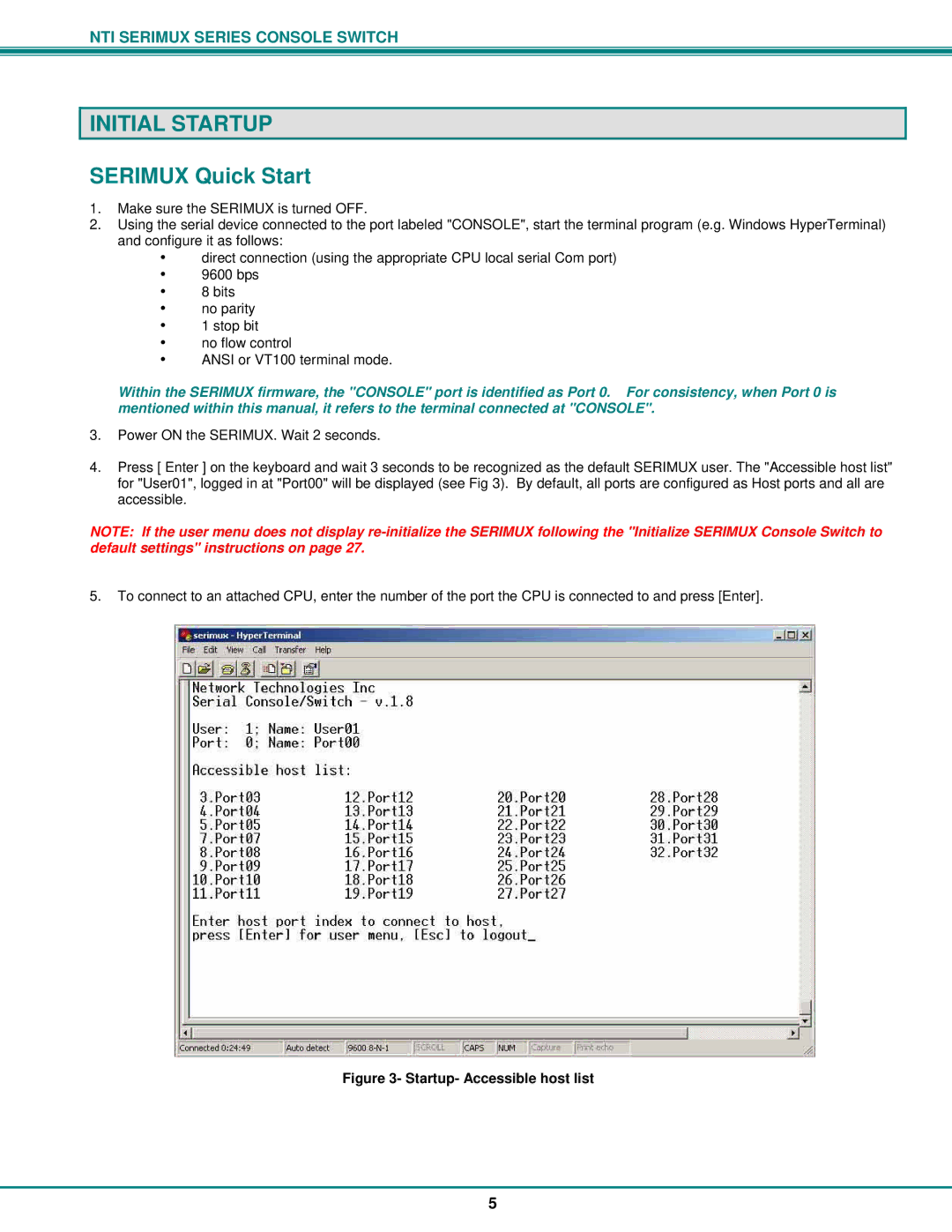 Network Technologies Console Switch operation manual Initial Startup, Serimux Quick Start 