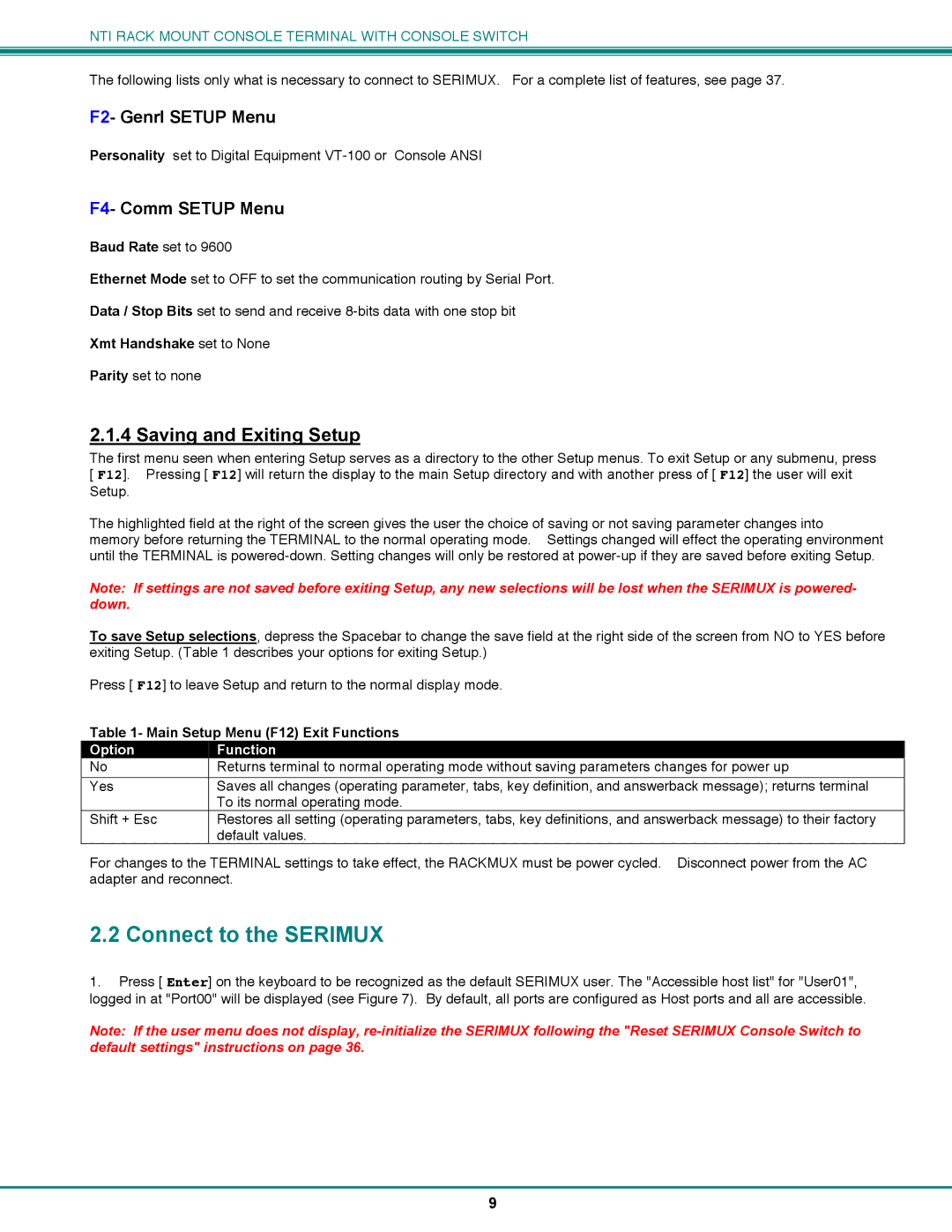 Network Technologies CS-16/8 Connect to the Serimux, Saving and Exiting Setup, F2- Genrl Setup Menu, F4- Comm Setup Menu 