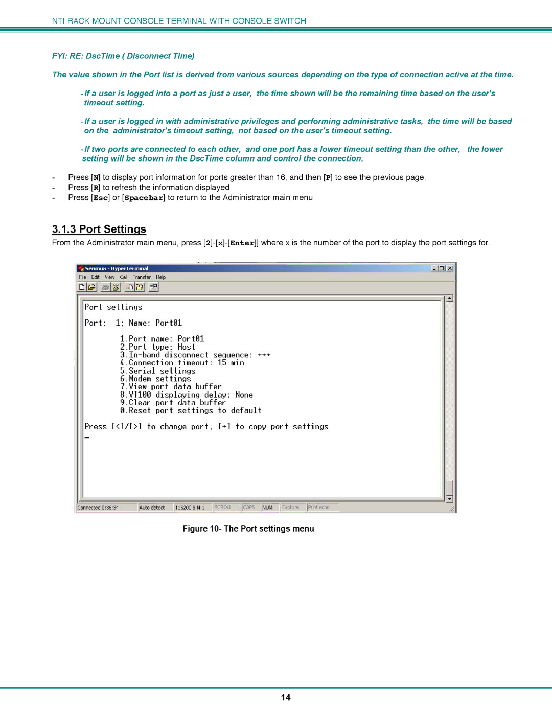 Network Technologies CS-16/8 operation manual Port Settings, Port settings menu 