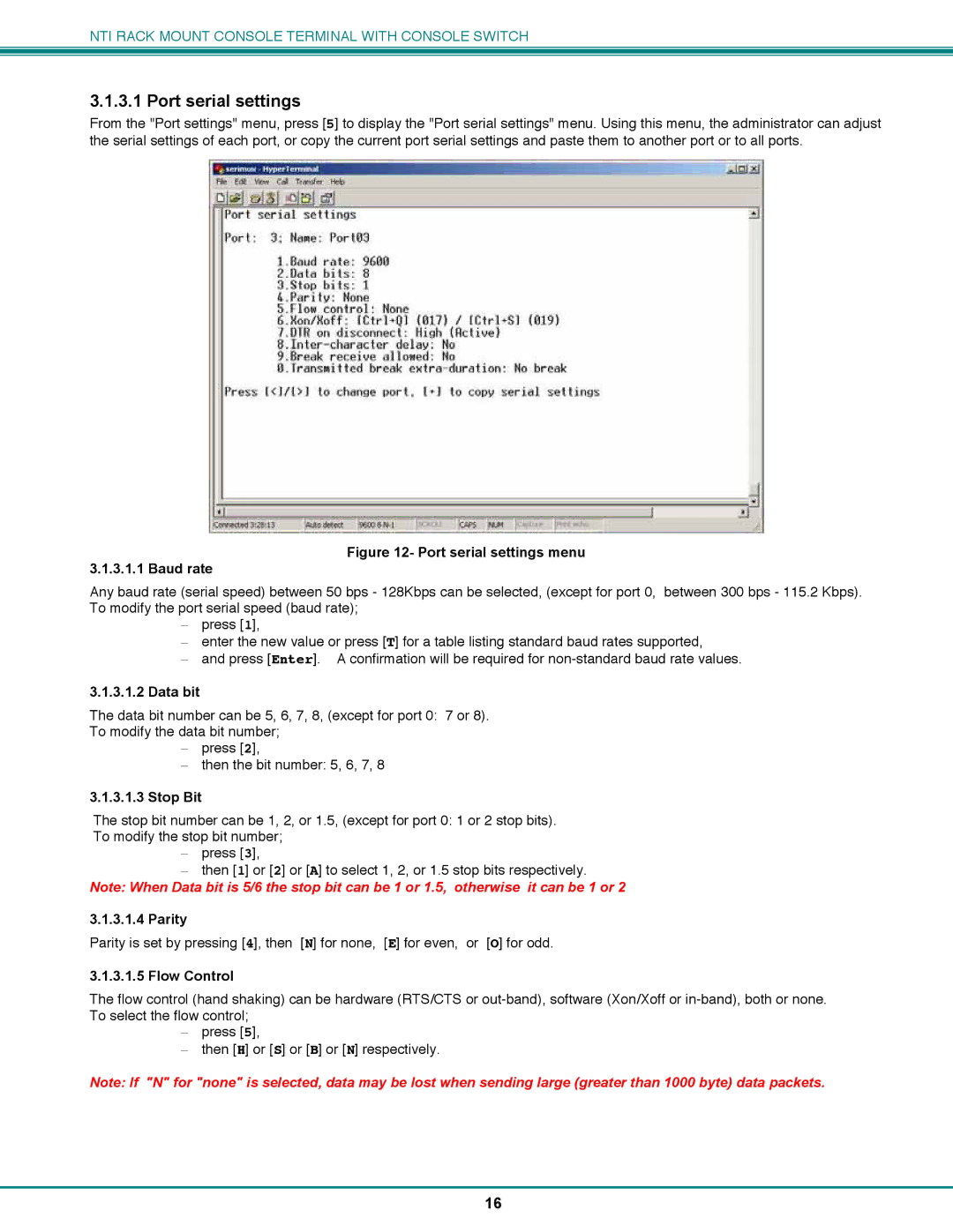 Network Technologies CS-16/8 operation manual Port serial settings, Data bit, Stop Bit, Parity, Flow Control 