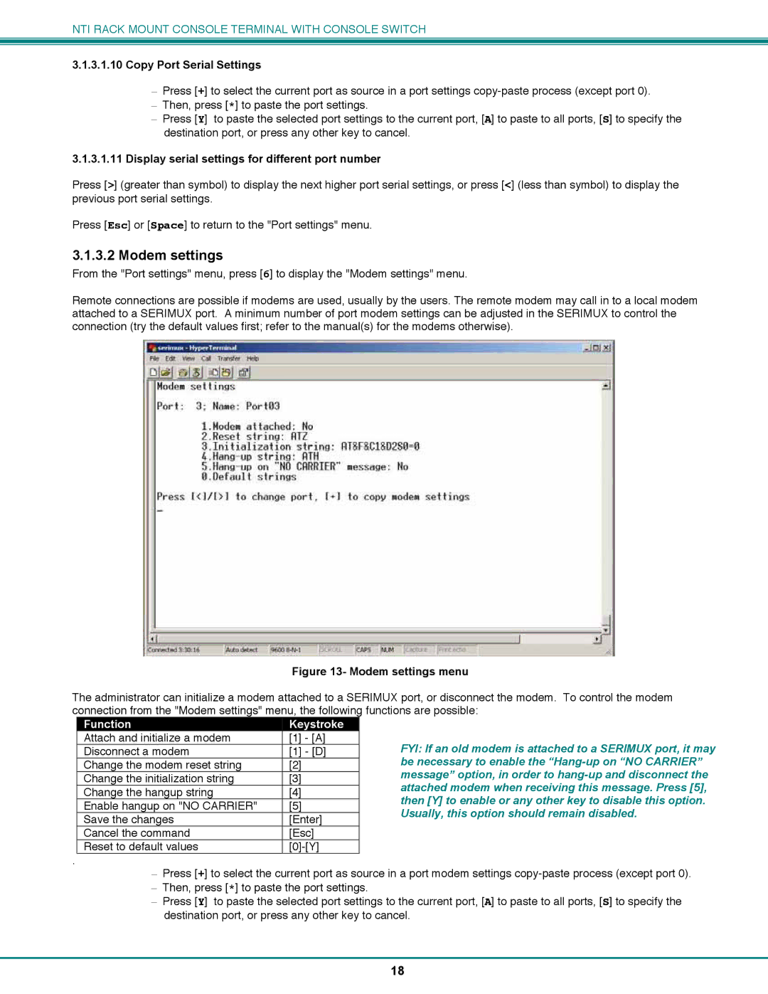 Network Technologies CS-16/8 Modem settings, Copy Port Serial Settings, Display serial settings for different port number 