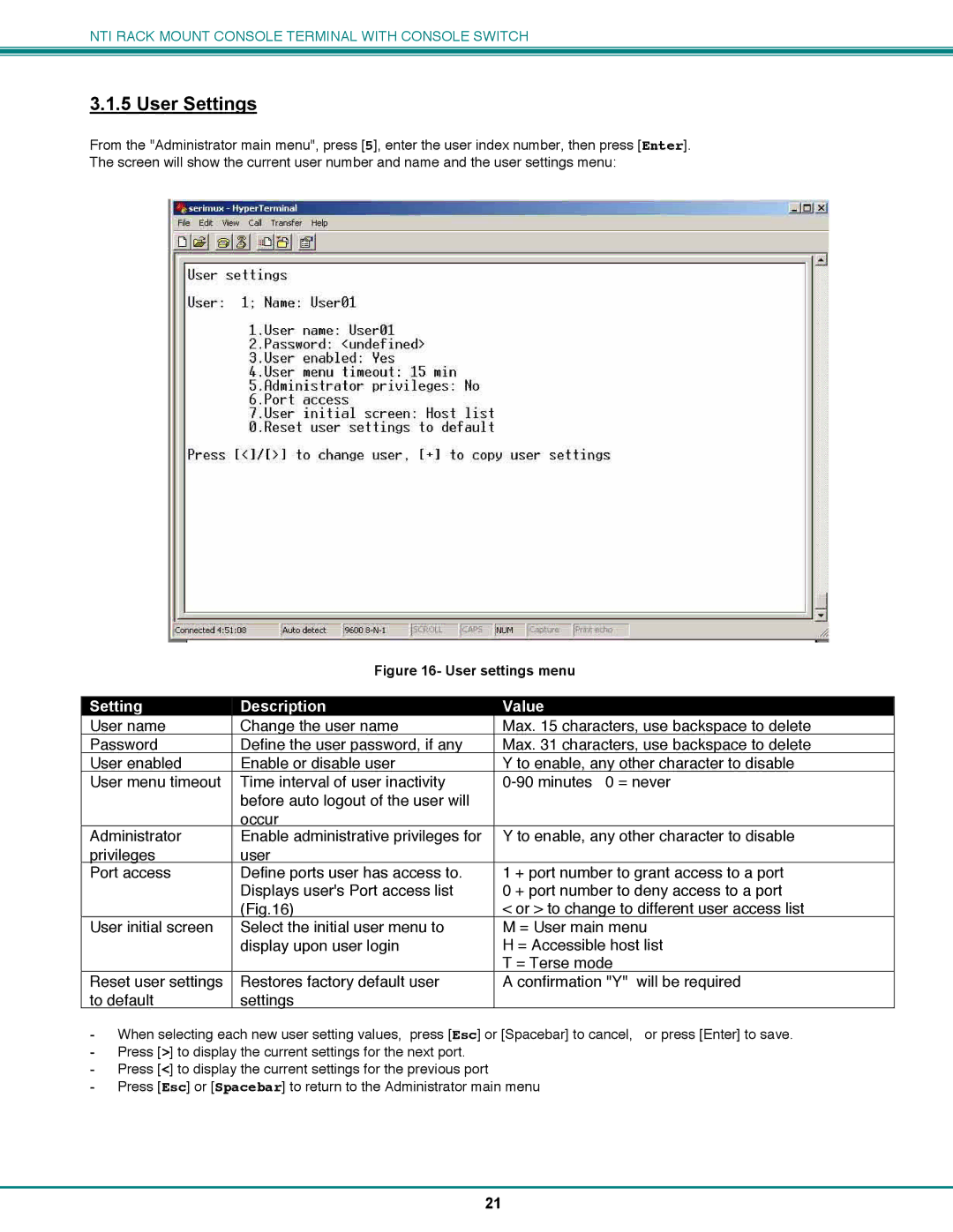 Network Technologies CS-16/8 operation manual User Settings, User settings menu 