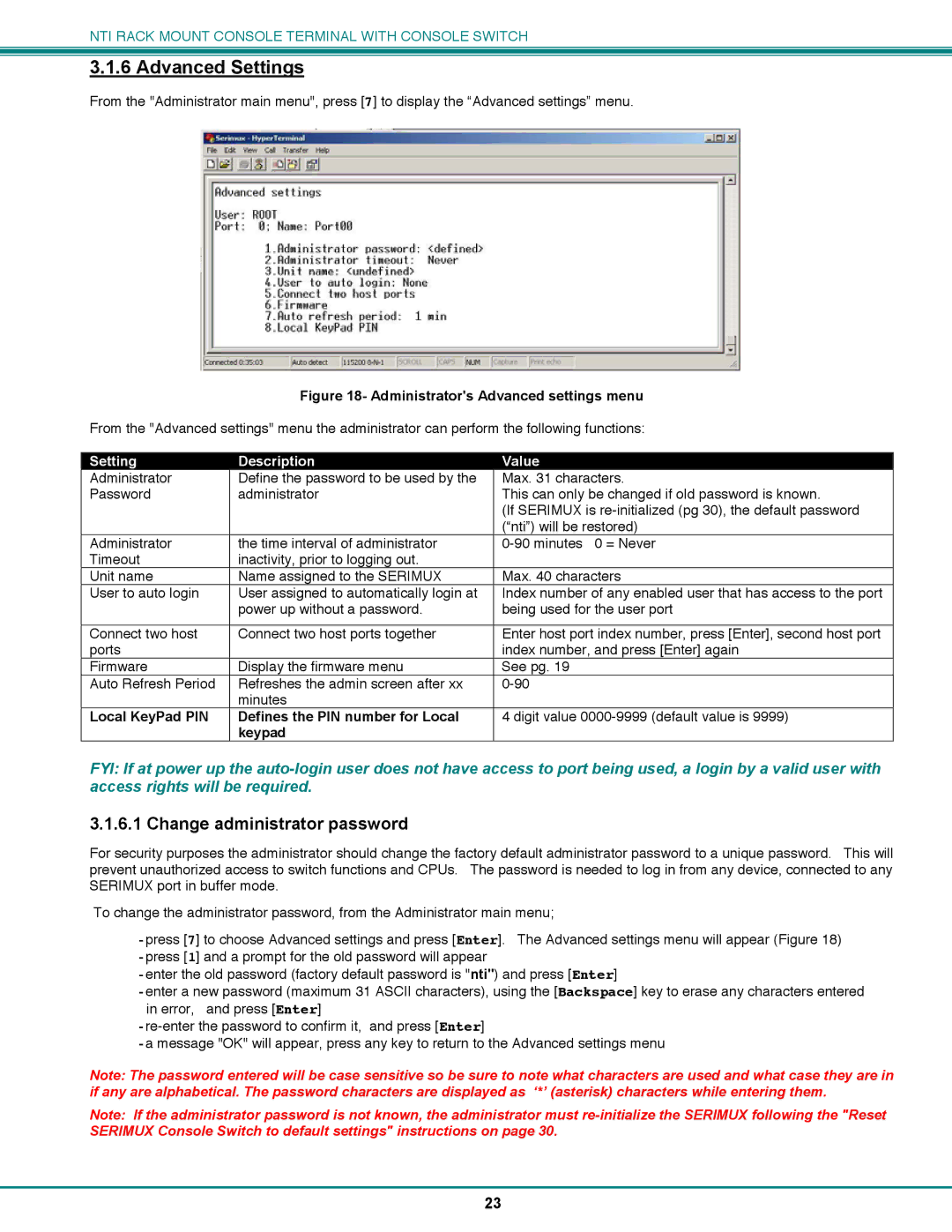 Network Technologies CS-16/8 Advanced Settings, Change administrator password, Setting Description Value, Keypad 