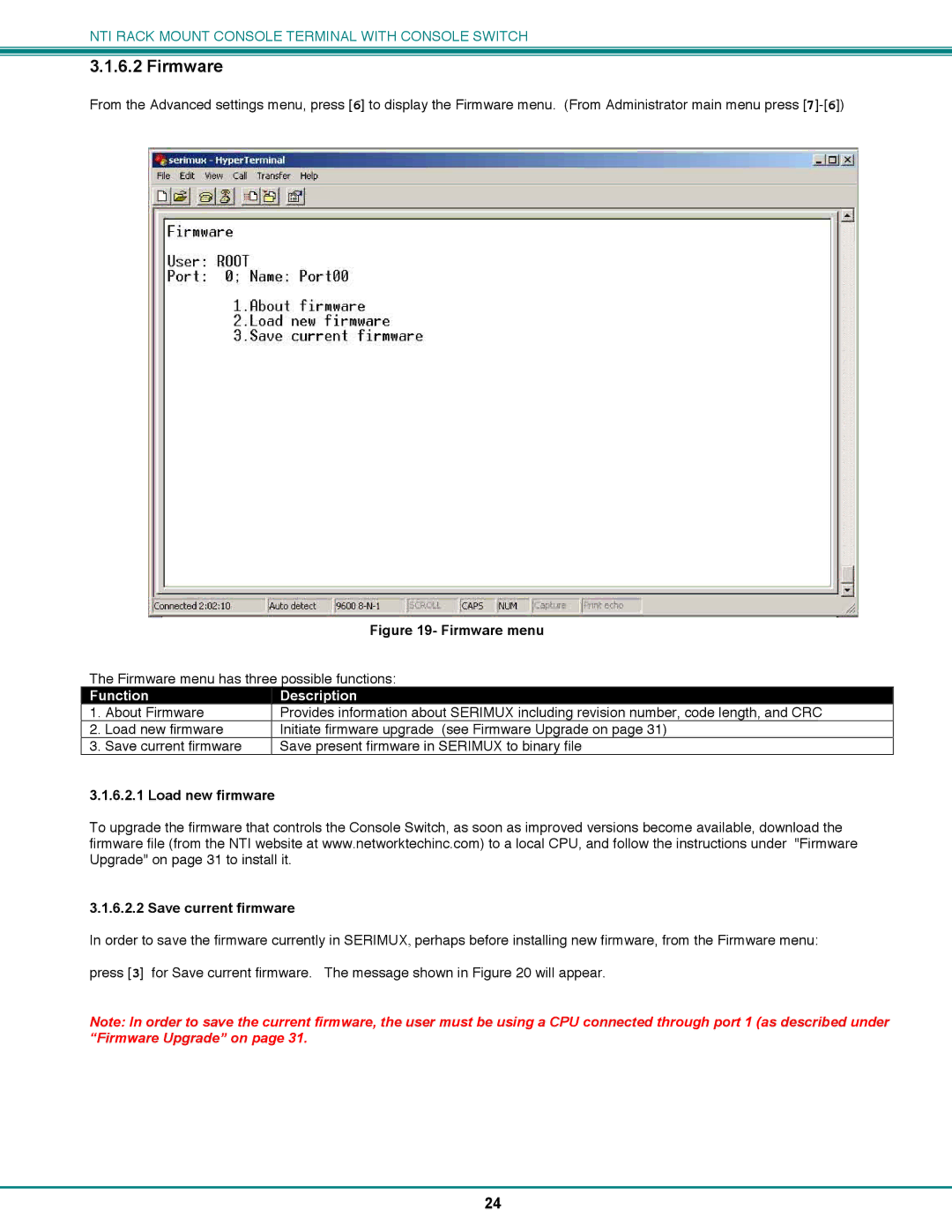 Network Technologies CS-16/8 operation manual Firmware, Function Description, Load new firmware Save current firmware 