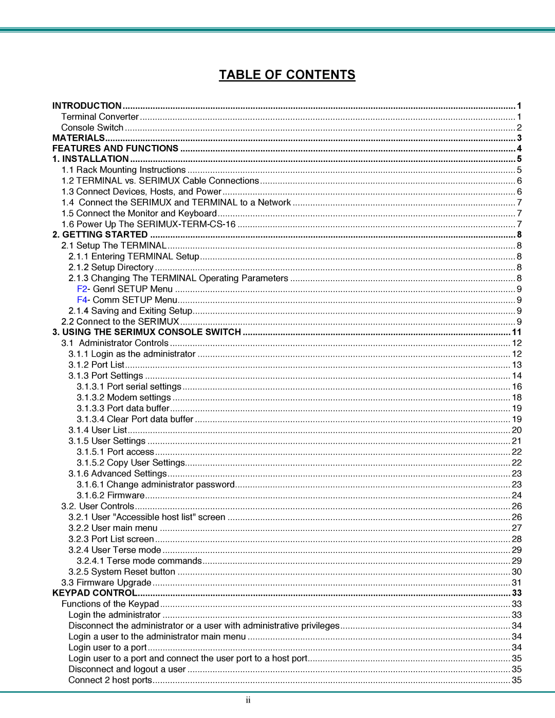 Network Technologies CS-16/8 operation manual Table of Contents 