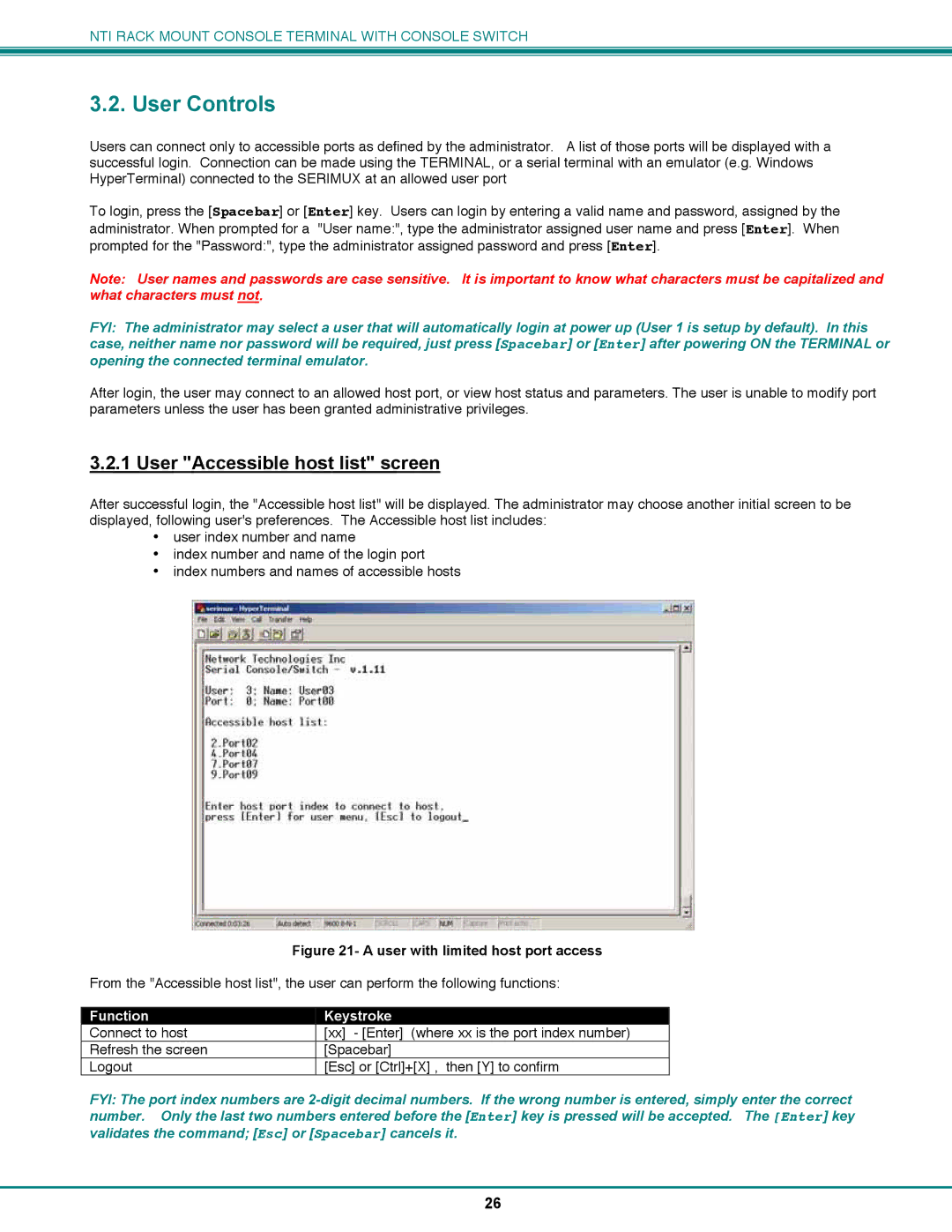 Network Technologies CS-16/8 operation manual User Controls, User Accessible host list screen 