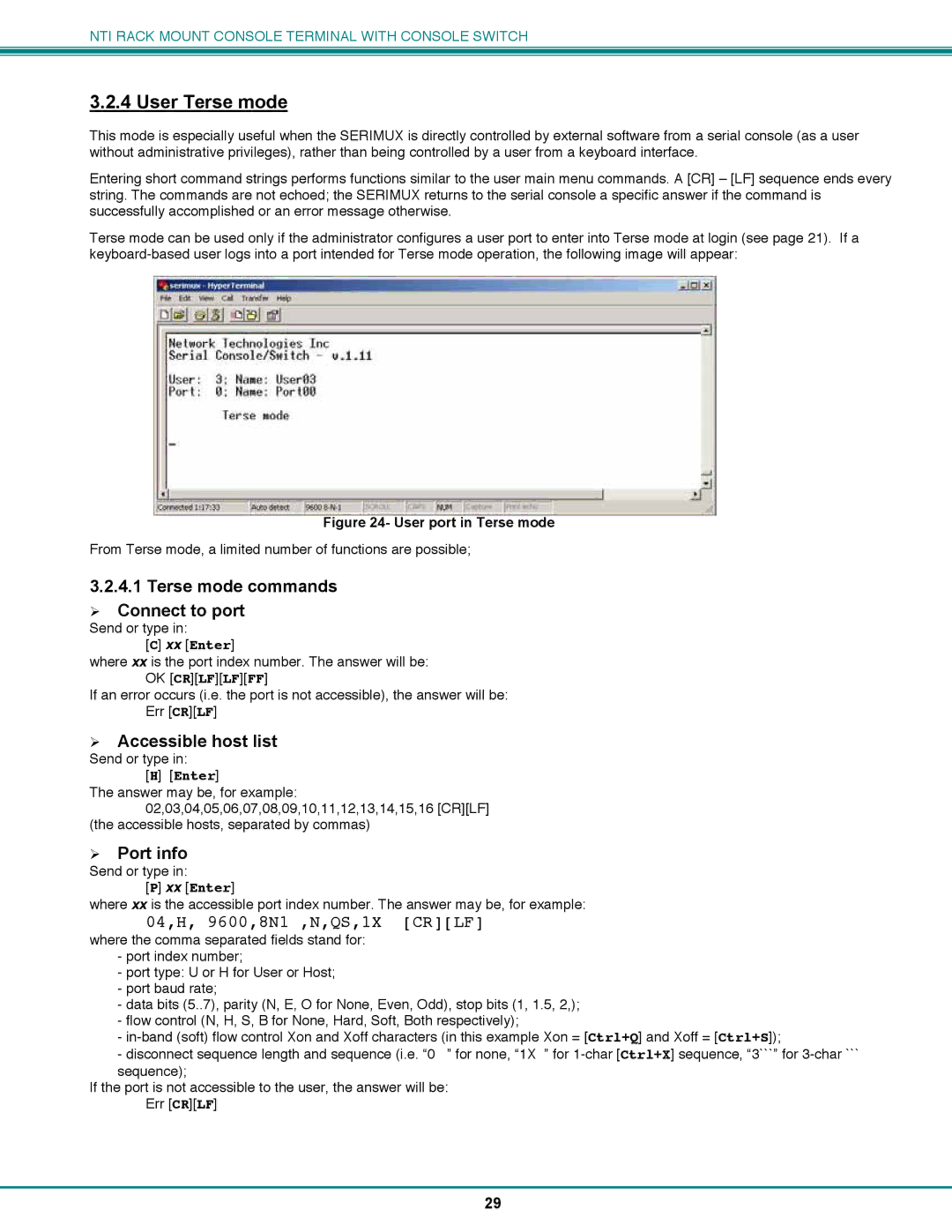 Network Technologies CS-16/8 User Terse mode, Terse mode commands ¾ Connect to port, ¾ Accessible host list, ¾ Port info 