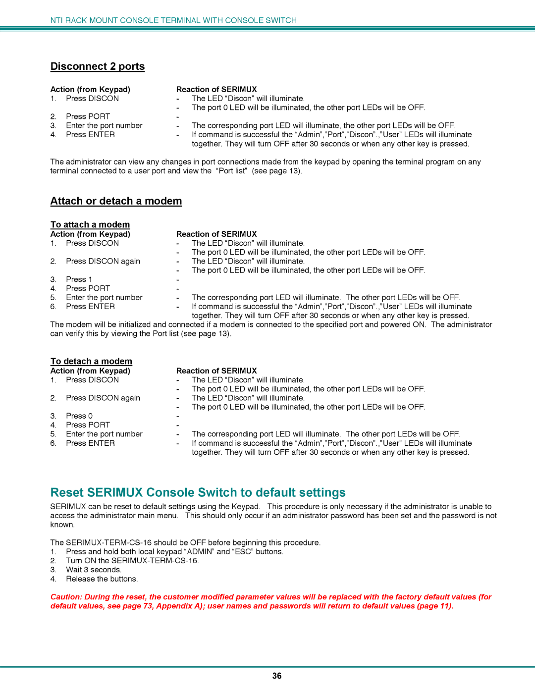 Network Technologies CS-16/8 Reset Serimux Console Switch to default settings, Disconnect 2 ports, To detach a modem 