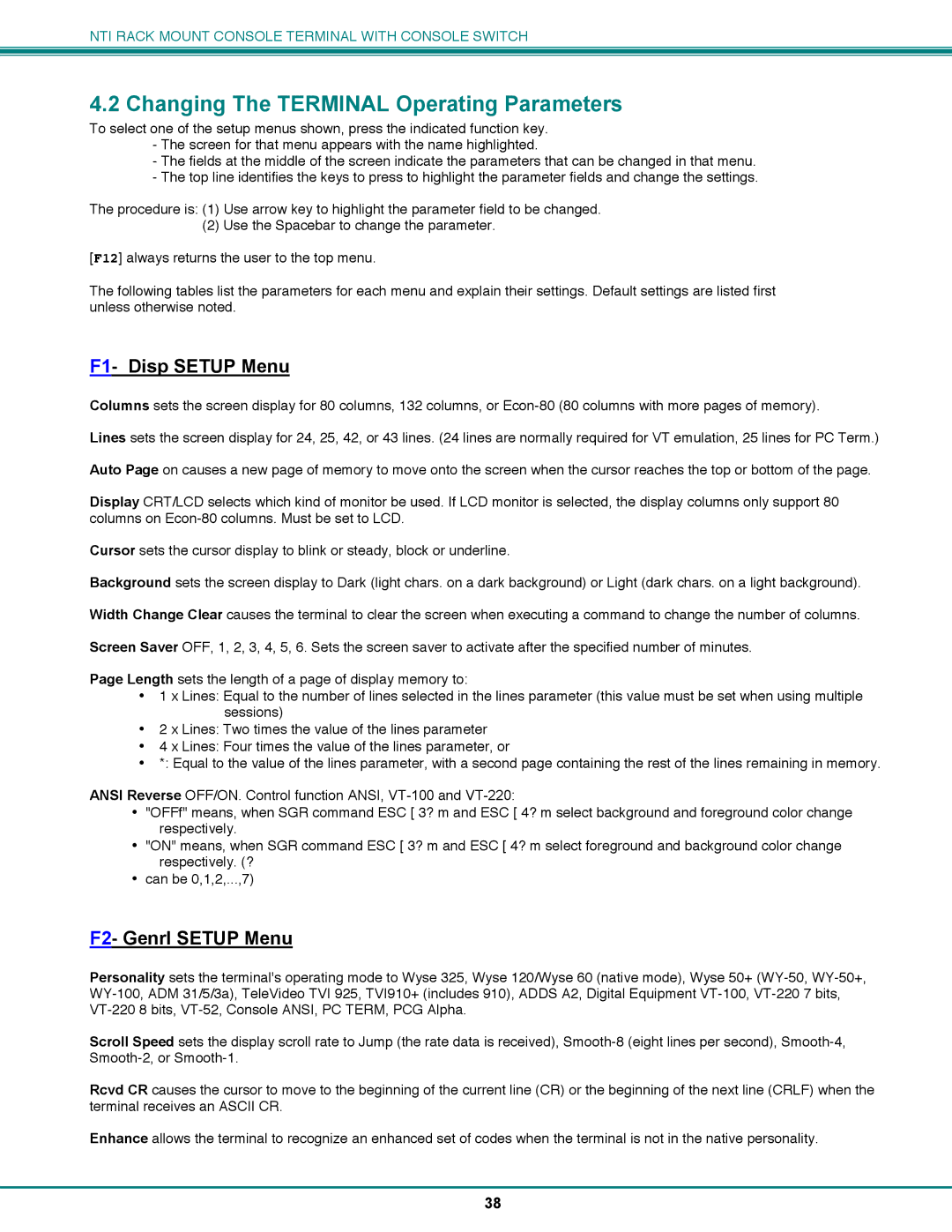 Network Technologies CS-16/8 Changing The Terminal Operating Parameters, F1- Disp Setup Menu, F2- Genrl Setup Menu 