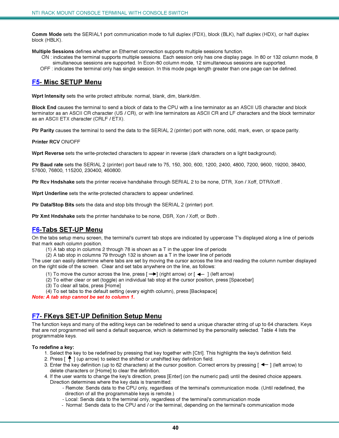 Network Technologies CS-16/8 F5- Misc Setup Menu, F6-Tabs SET-UP Menu, F7- FKeys SET-UP Definition Setup Menu 