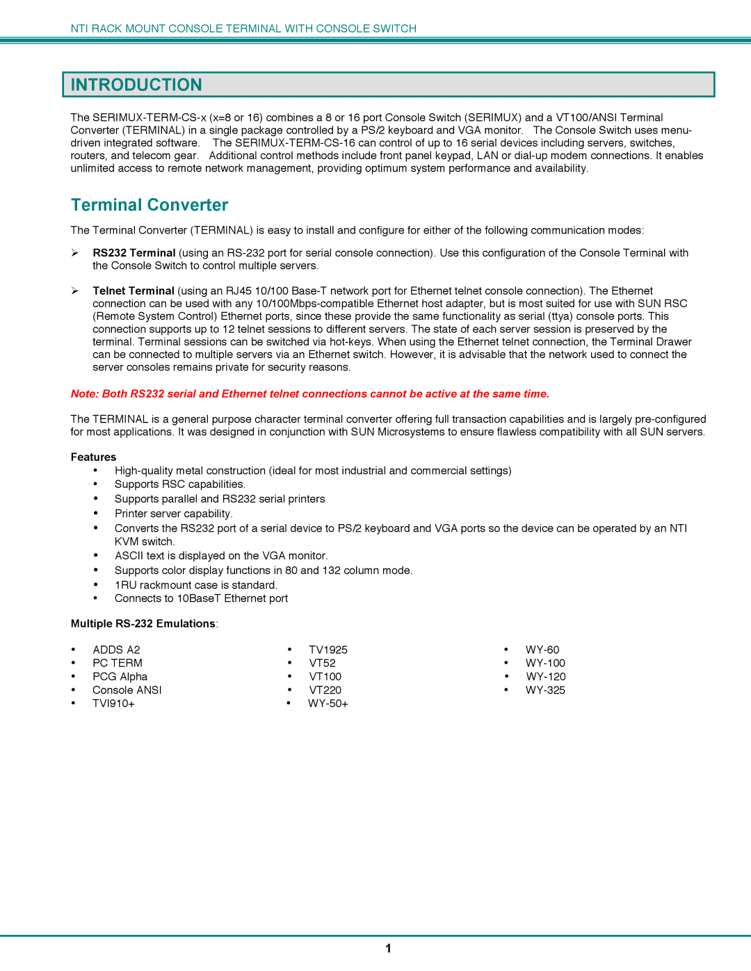 Network Technologies CS-16/8 operation manual Introduction, Terminal Converter, Features, Multiple RS-232 Emulations 