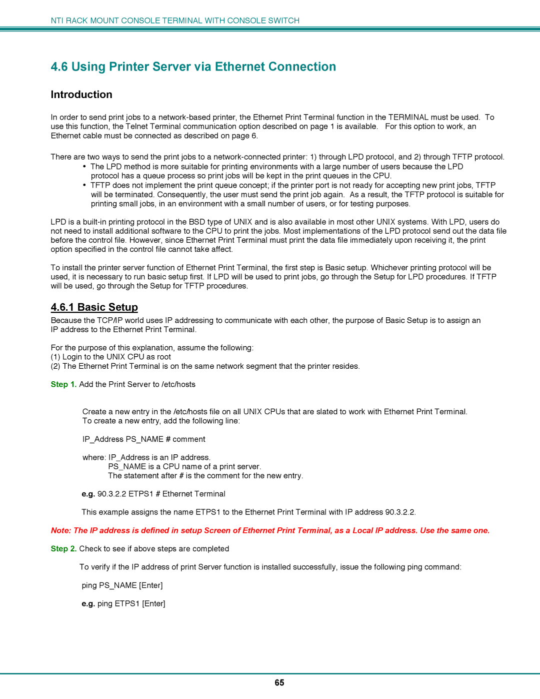 Network Technologies CS-16/8 operation manual Using Printer Server via Ethernet Connection, Basic Setup 