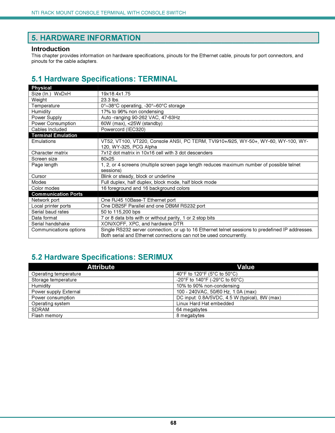 Network Technologies CS-16/8 Hardware Information, Hardware Specifications Terminal, Hardware Specifications Serimux 