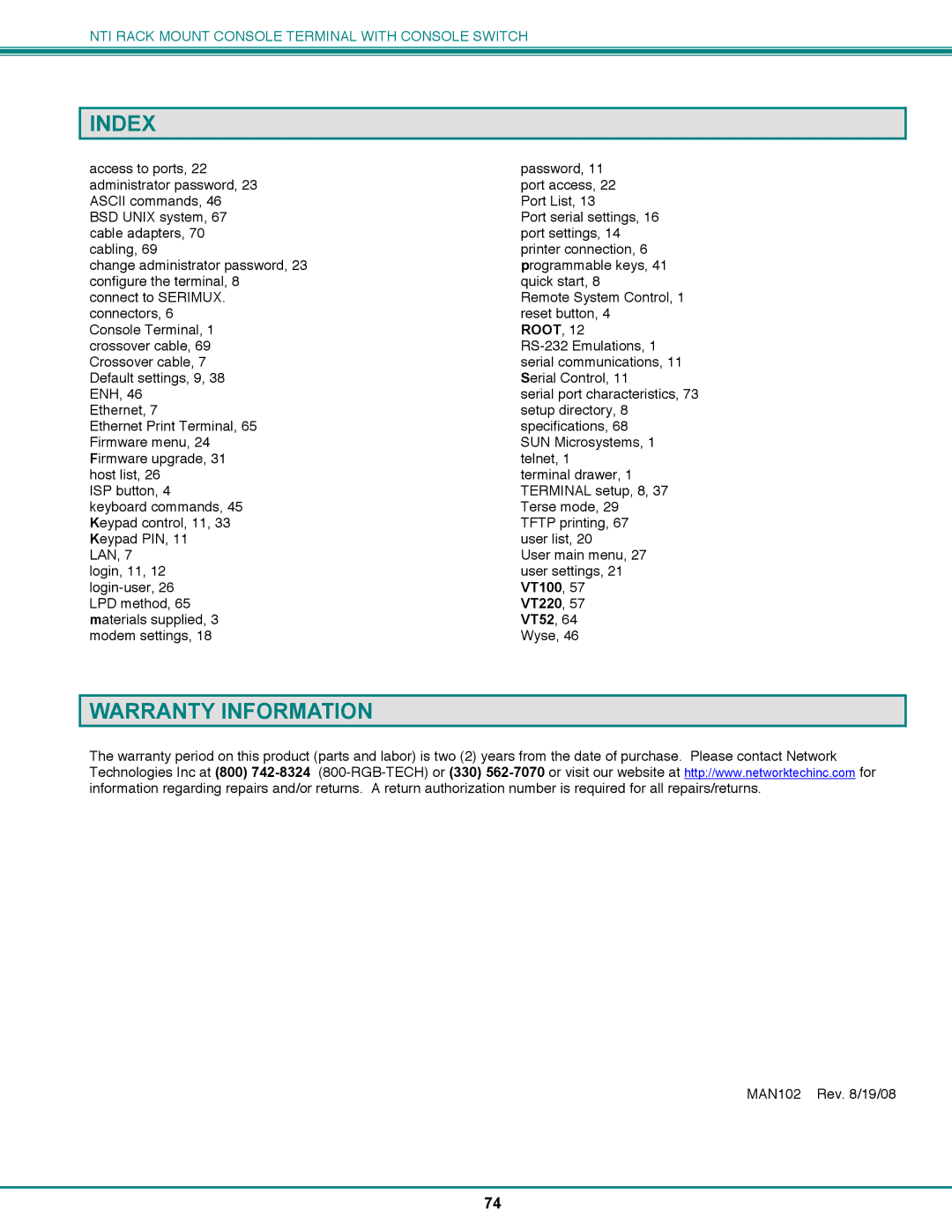 Network Technologies CS-16/8 operation manual Index, Warranty Information 