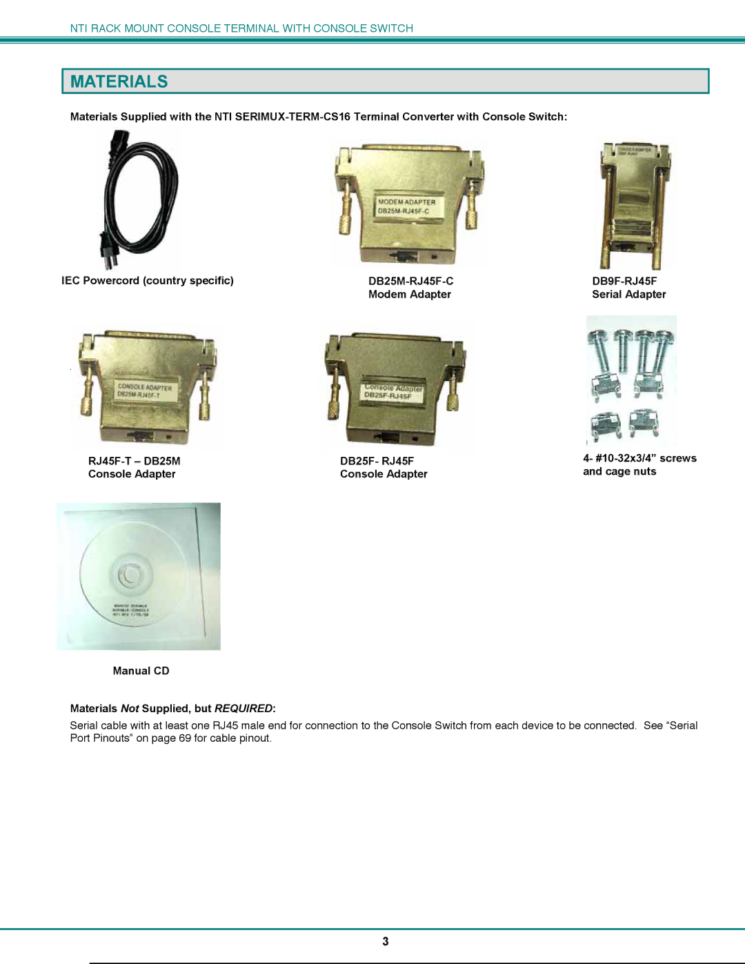 Network Technologies CS-16/8 operation manual Materials, DB25M-RJ45F-C DB9F-RJ45F 