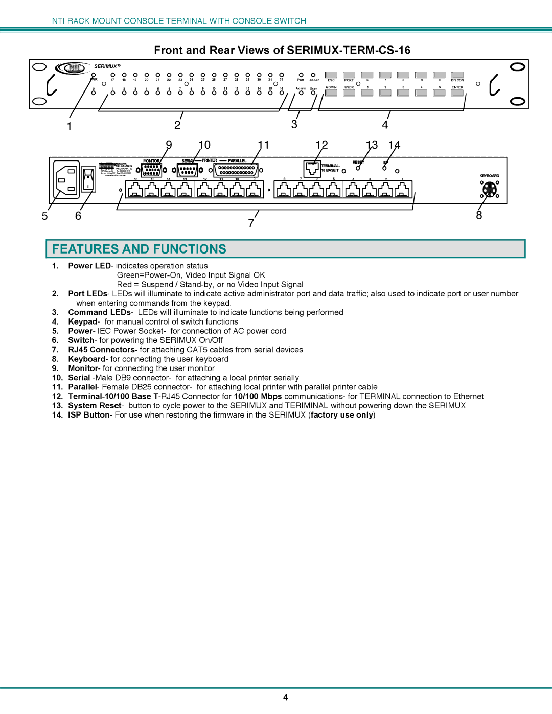 Network Technologies CS-16/8 operation manual Features and Functions, Front and Rear Views of SERIMUX-TERM-CS-16 