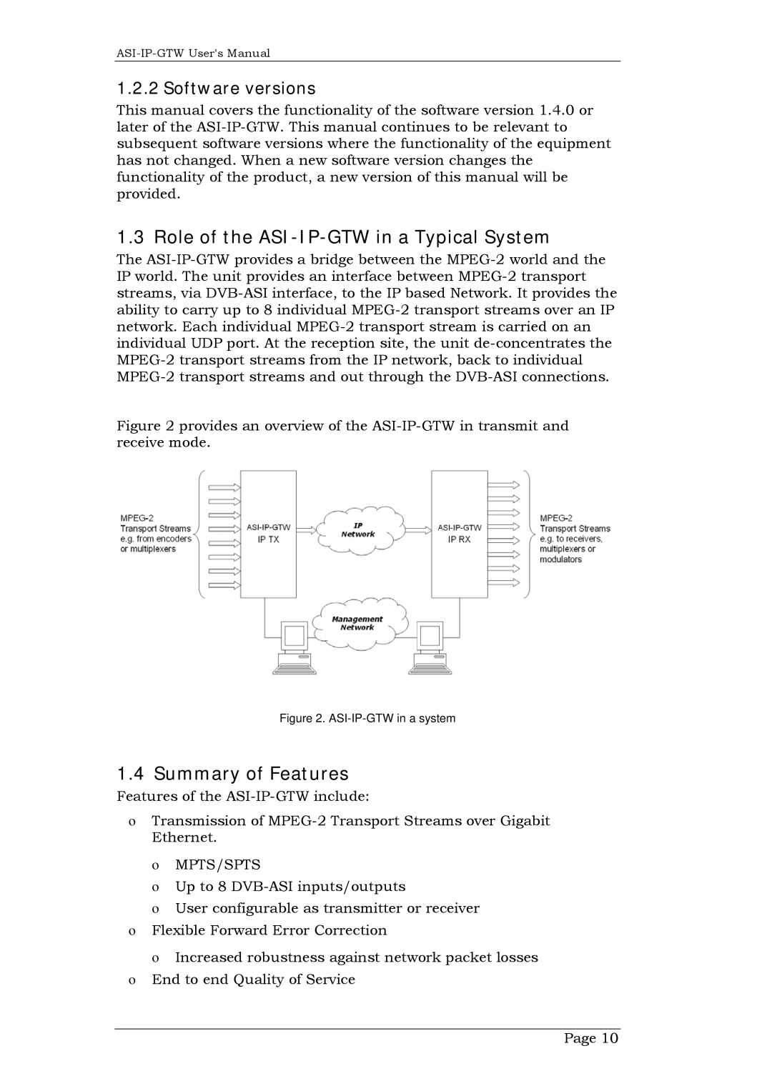 Network Technologies DVB-ASI to IP Role of the ASI-IP-GTW in a Typical System, Summary of Features, Software versions 