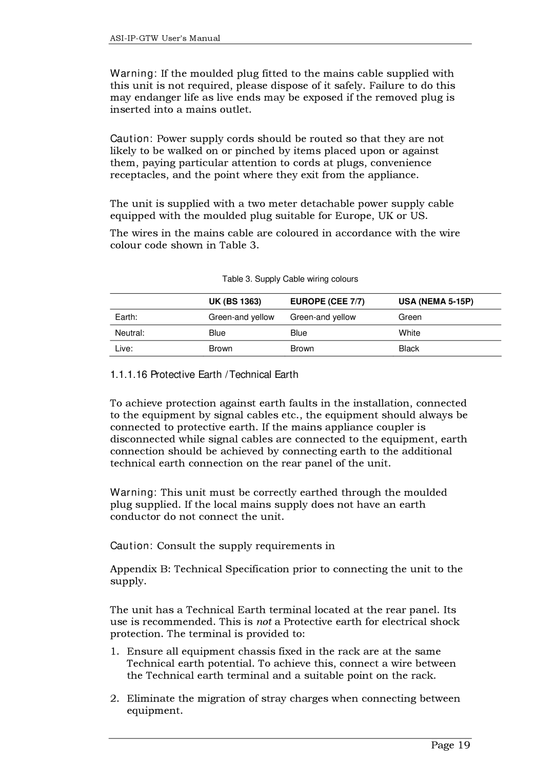 Network Technologies ASI-IP-GTW, DVB-ASI to IP user manual Protective Earth /Technical Earth, Uk Bs, USA Nema 5-15P 