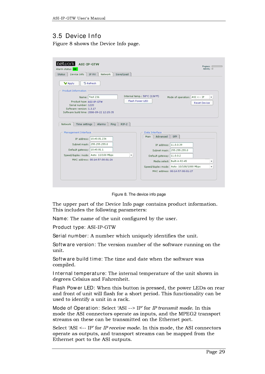 Network Technologies DVB-ASI to IP user manual Device Info, Product type ASI-IP-GTW 