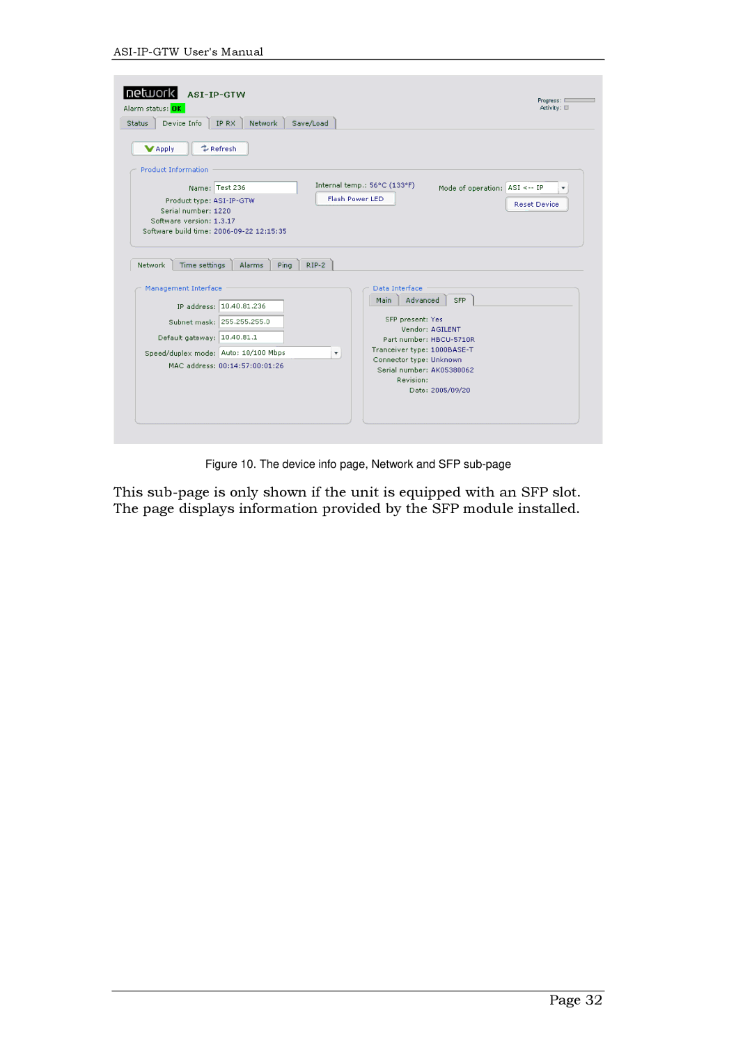 Network Technologies DVB-ASI to IP, ASI-IP-GTW user manual Device info page, Network and SFP sub-page 