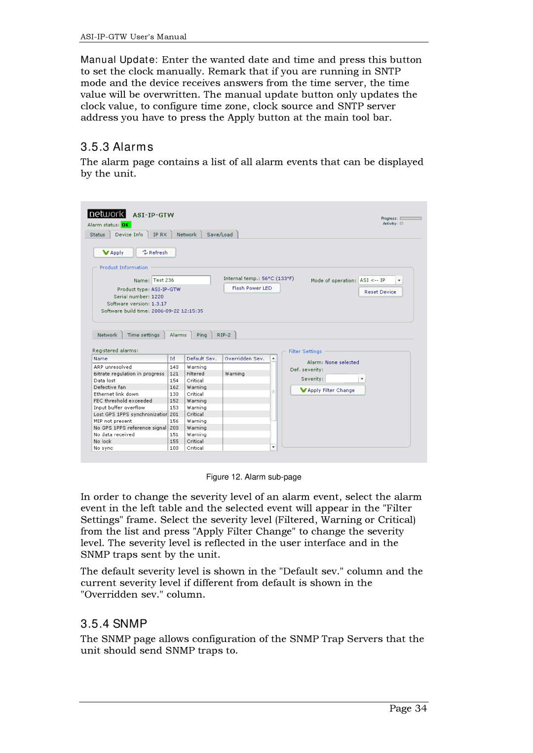 Network Technologies DVB-ASI to IP, ASI-IP-GTW user manual Alarms, Snmp 