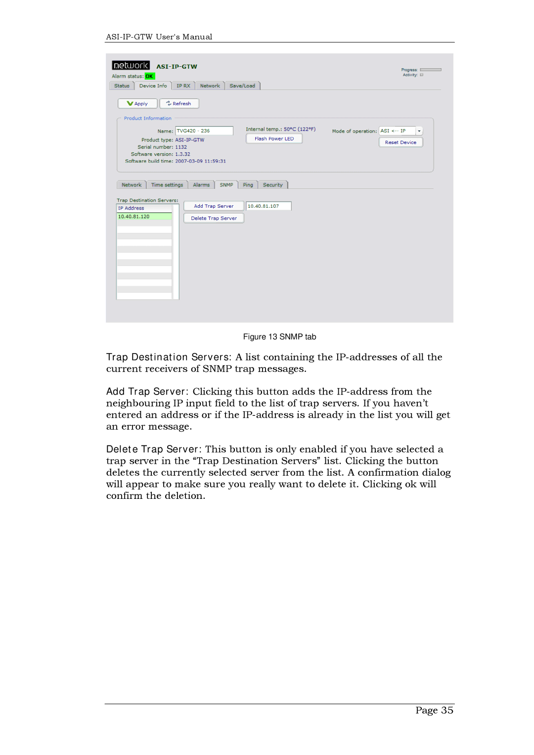 Network Technologies ASI-IP-GTW, DVB-ASI to IP user manual Snmp tab 