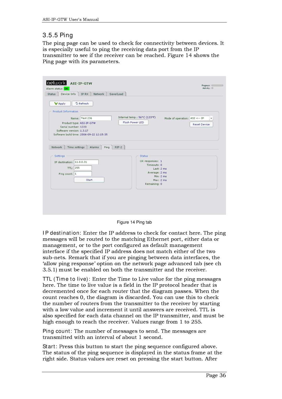 Network Technologies DVB-ASI to IP, ASI-IP-GTW user manual Ping tab 