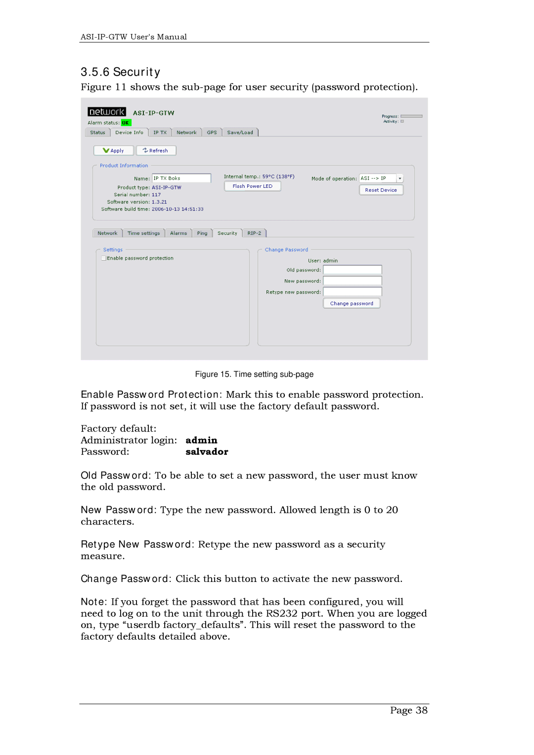 Network Technologies DVB-ASI to IP, ASI-IP-GTW Security, Shows the sub-page for user security password protection 