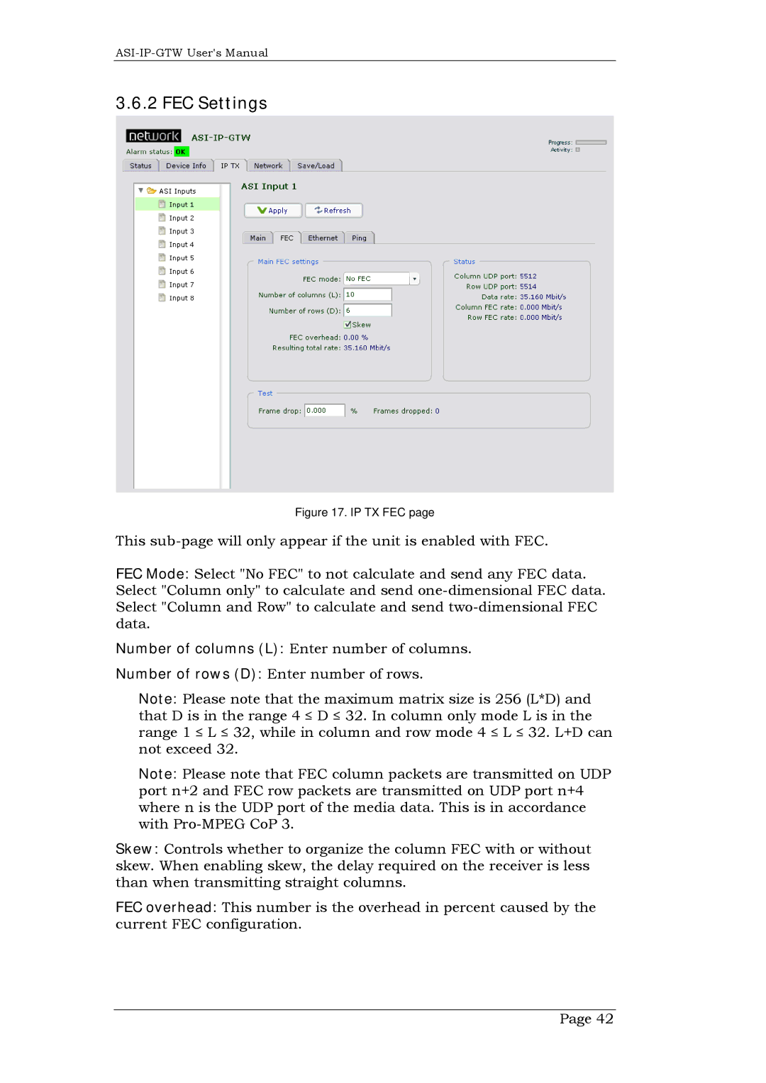 Network Technologies DVB-ASI to IP, ASI-IP-GTW user manual FEC Settings, Ip Tx Fec 