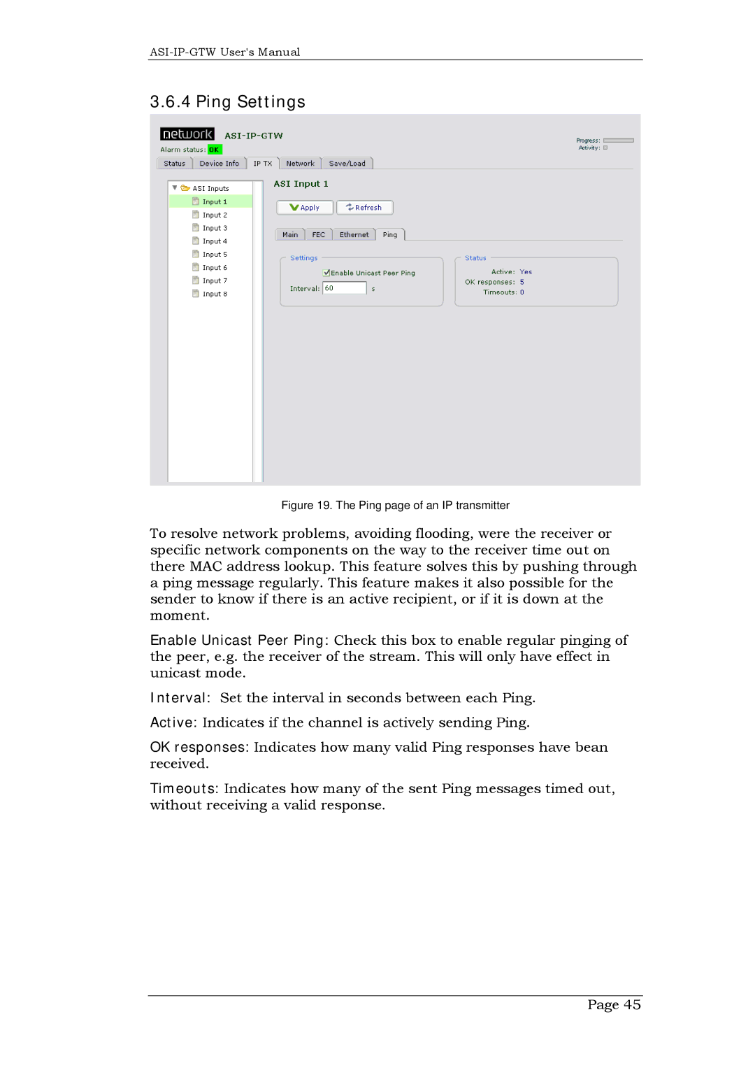 Network Technologies ASI-IP-GTW, DVB-ASI to IP user manual Ping Settings, Ping page of an IP transmitter 