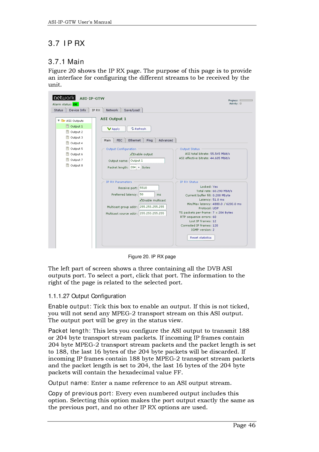 Network Technologies DVB-ASI to IP, ASI-IP-GTW user manual Ip Rx, Output Configuration 