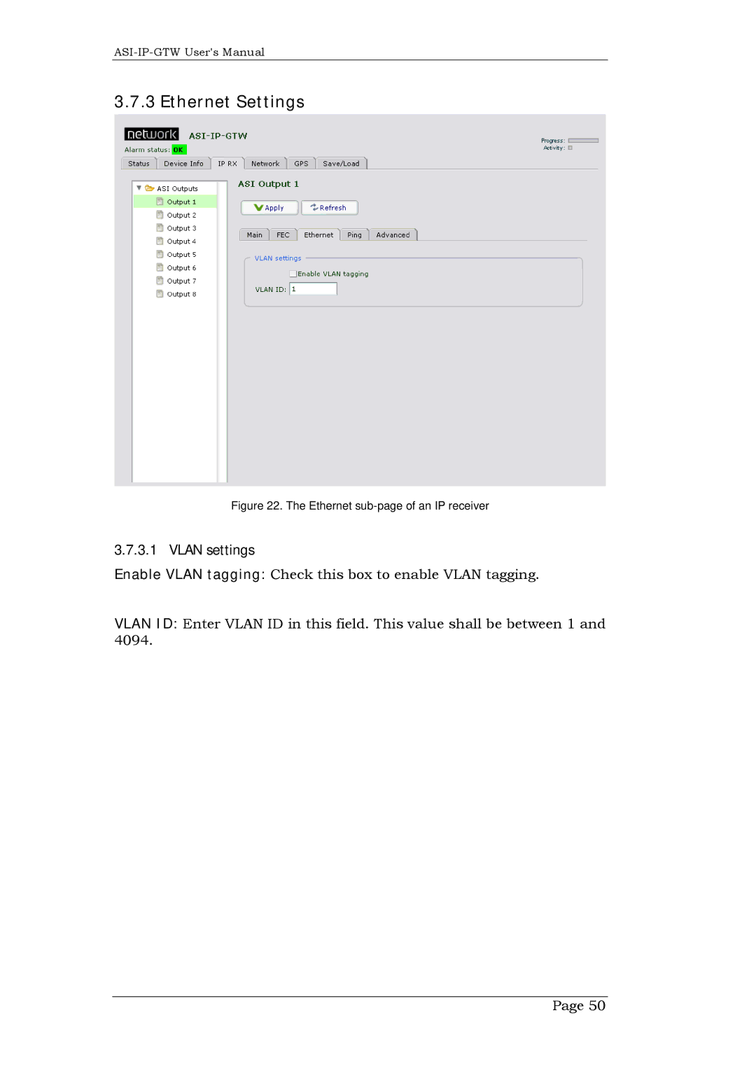 Network Technologies DVB-ASI to IP, ASI-IP-GTW user manual Ethernet sub-page of an IP receiver 