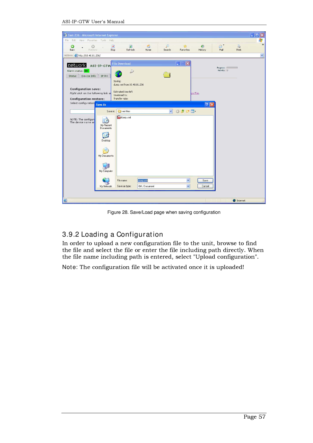 Network Technologies ASI-IP-GTW, DVB-ASI to IP user manual Loading a Configuration, Save/Load page when saving configuration 