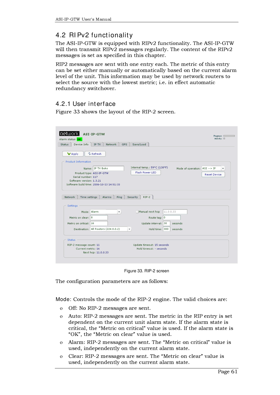 Network Technologies ASI-IP-GTW, DVB-ASI to IP user manual RIPv2 functionality, Shows the layout of the RIP-2 screen 