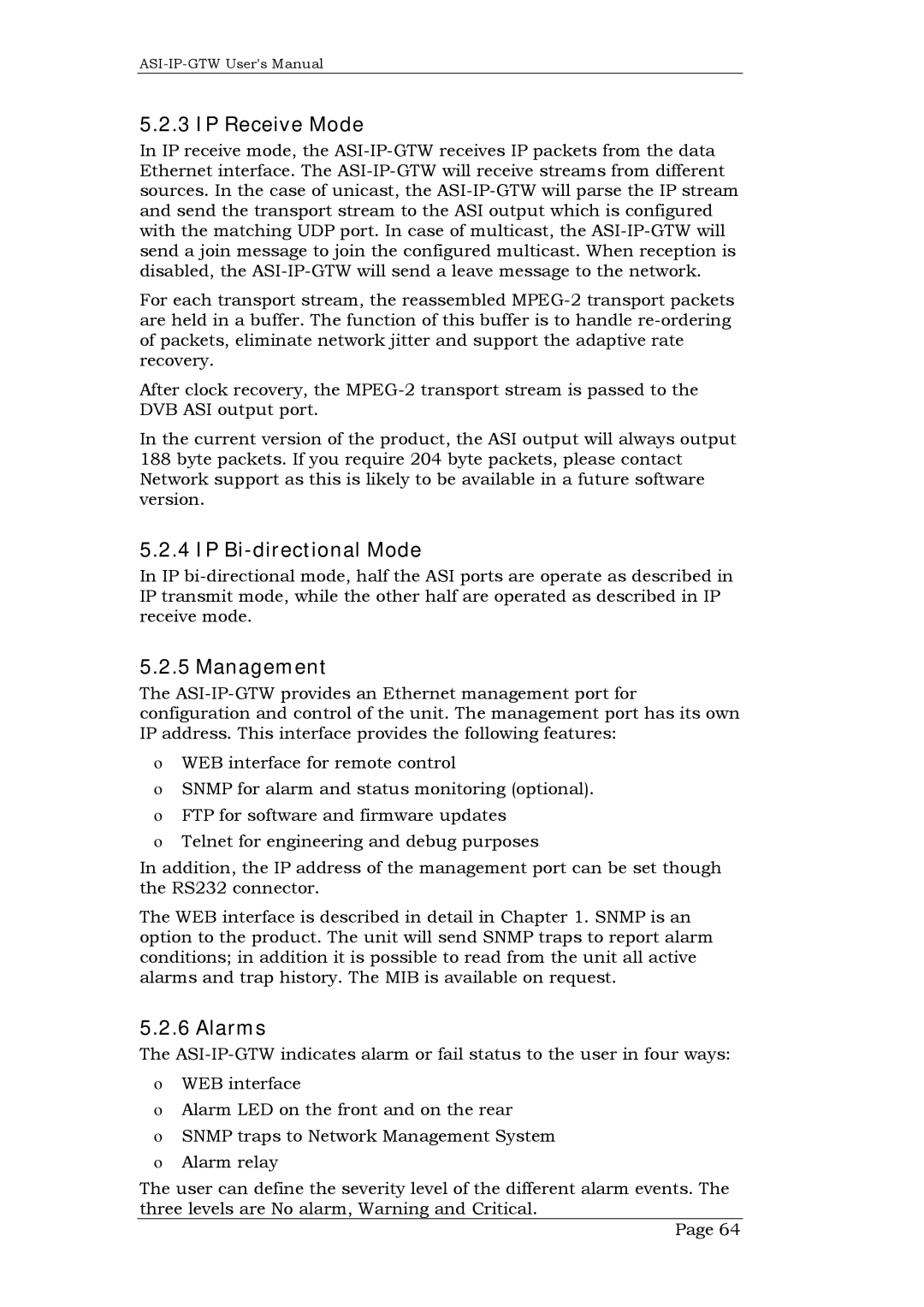 Network Technologies DVB-ASI to IP, ASI-IP-GTW user manual IP Receive Mode, IP Bi-directional Mode, Management 