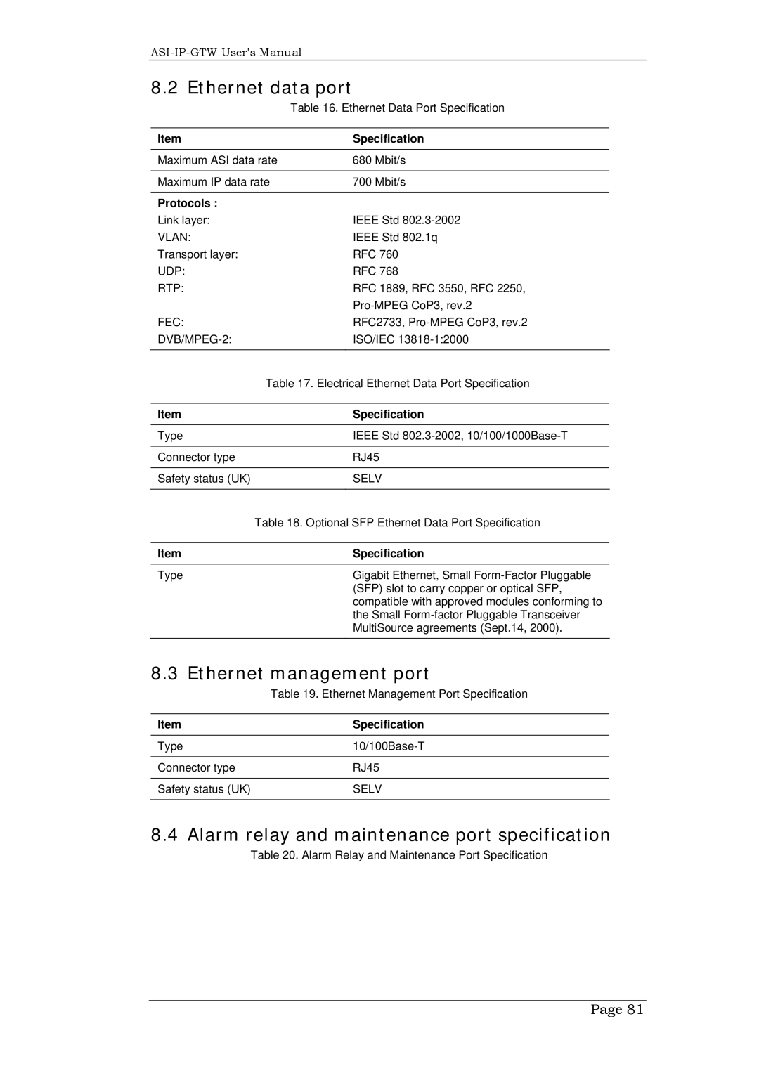 Network Technologies ASI-IP-GTW, DVB-ASI to IP user manual Ethernet data port, Ethernet management port, Protocols 