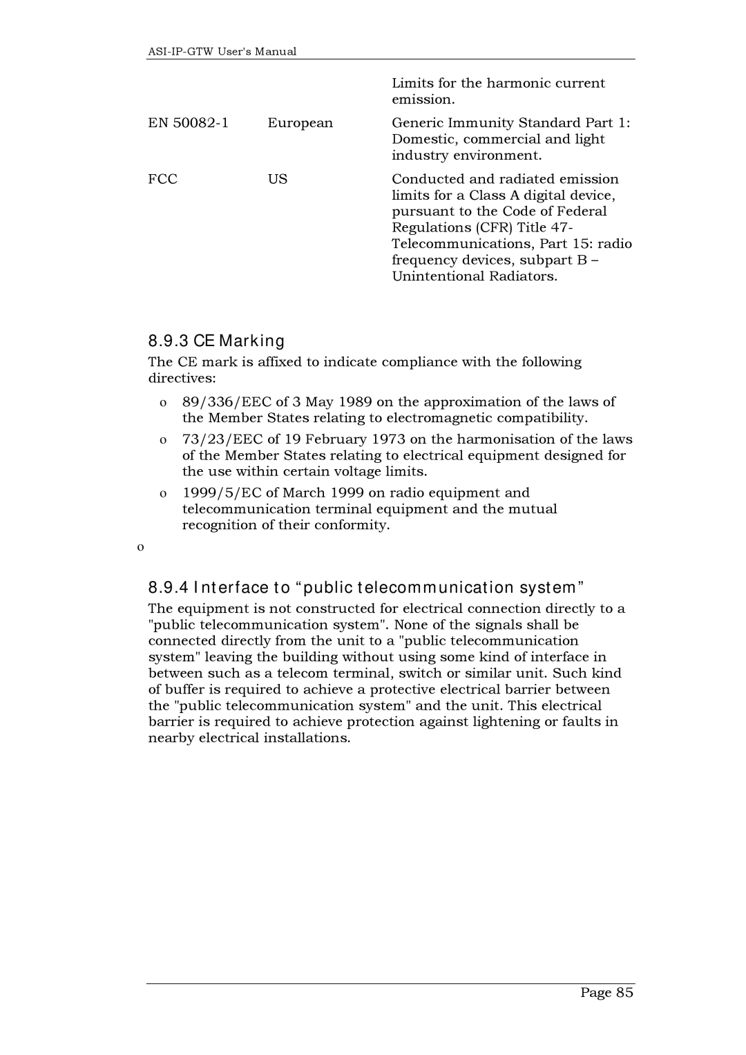 Network Technologies ASI-IP-GTW, DVB-ASI to IP user manual CE Marking, Interface to public telecommunication system 