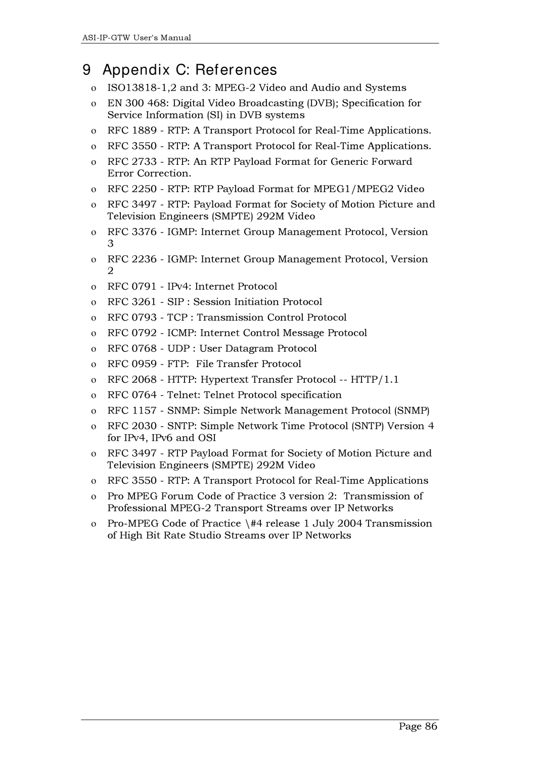 Network Technologies DVB-ASI to IP, ASI-IP-GTW user manual Appendix C References 